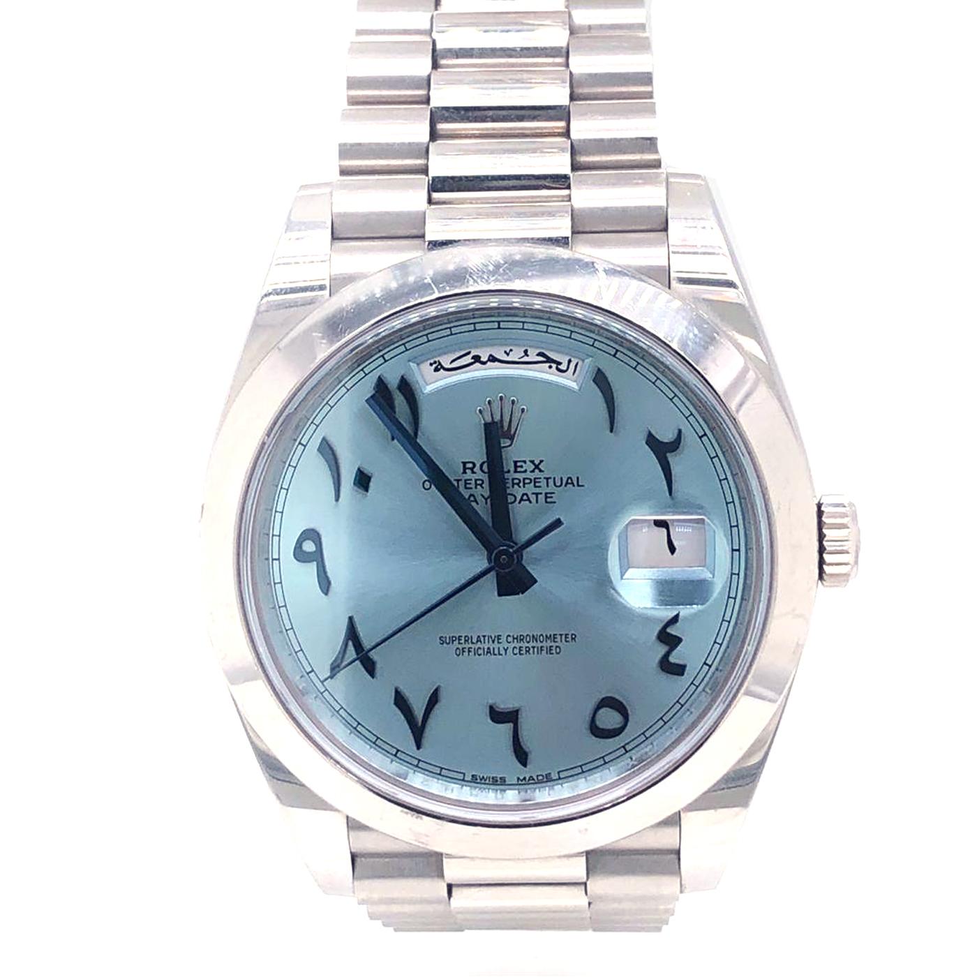 rolex day date 40mm ice blue arabic dial platinum watch