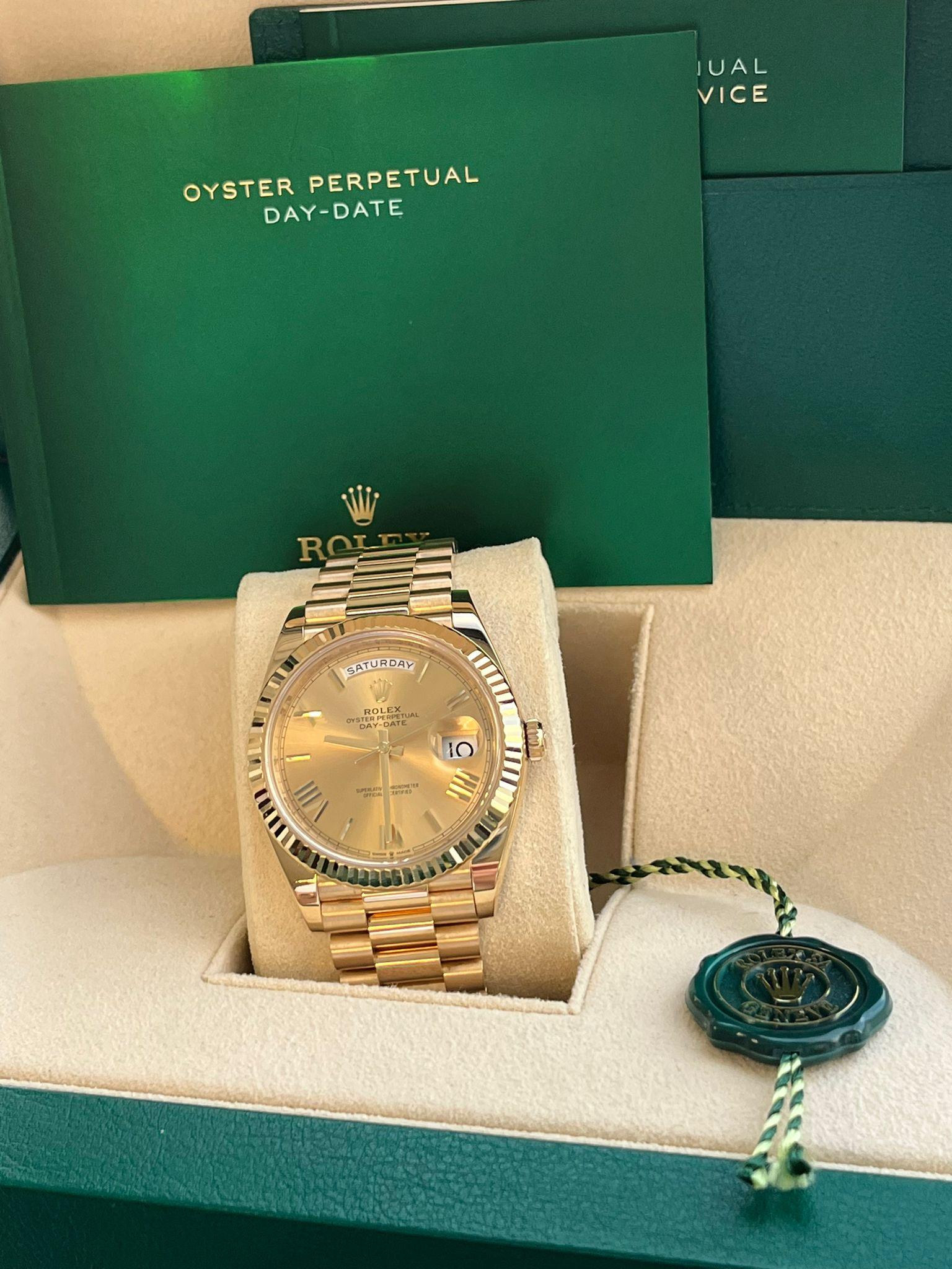 Rolex Day-Date 40mm President Yellow Gold Champagne Roman Dial Watch 228238 In Good Condition For Sale In Aventura, FL