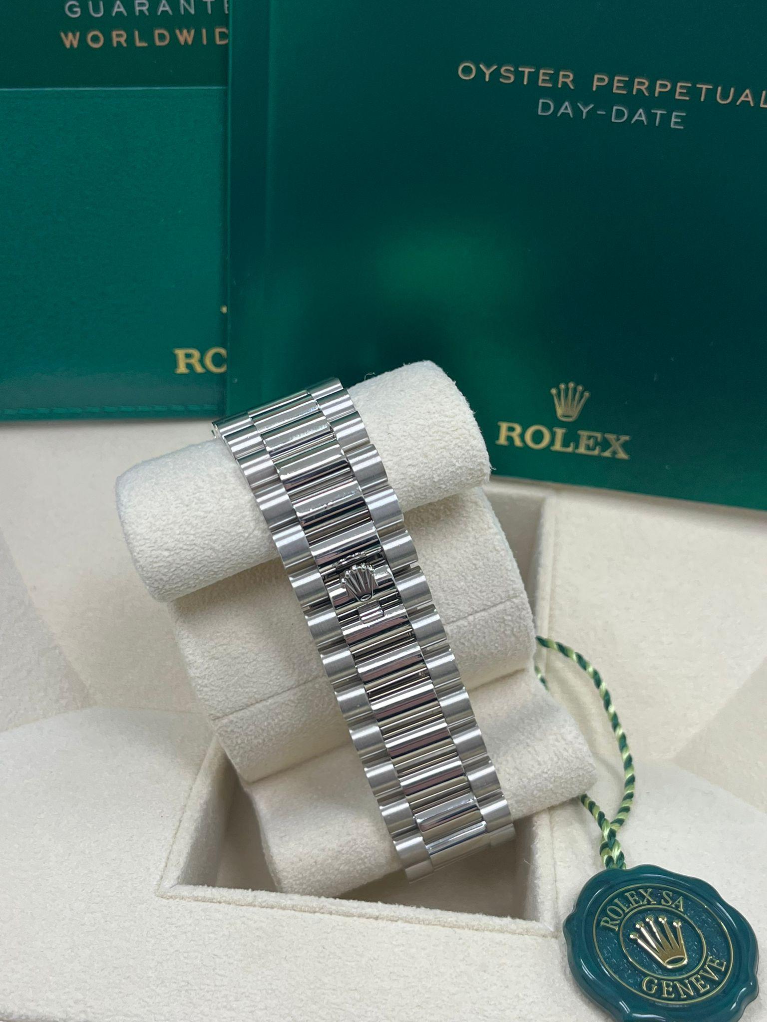 Rolex Day-Date 40mm White Gold Bright Blue Roman Dial Fluted Bezel Watch 228239 For Sale 8