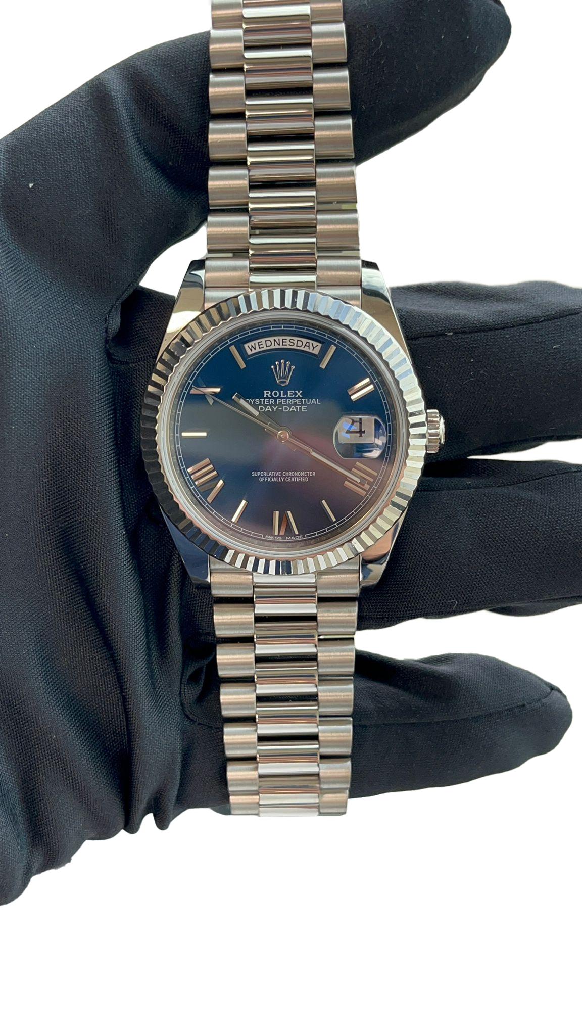 Rolex Day-Date 40mm White Gold Bright Blue Roman Dial Fluted Bezel Watch 228239 For Sale 10