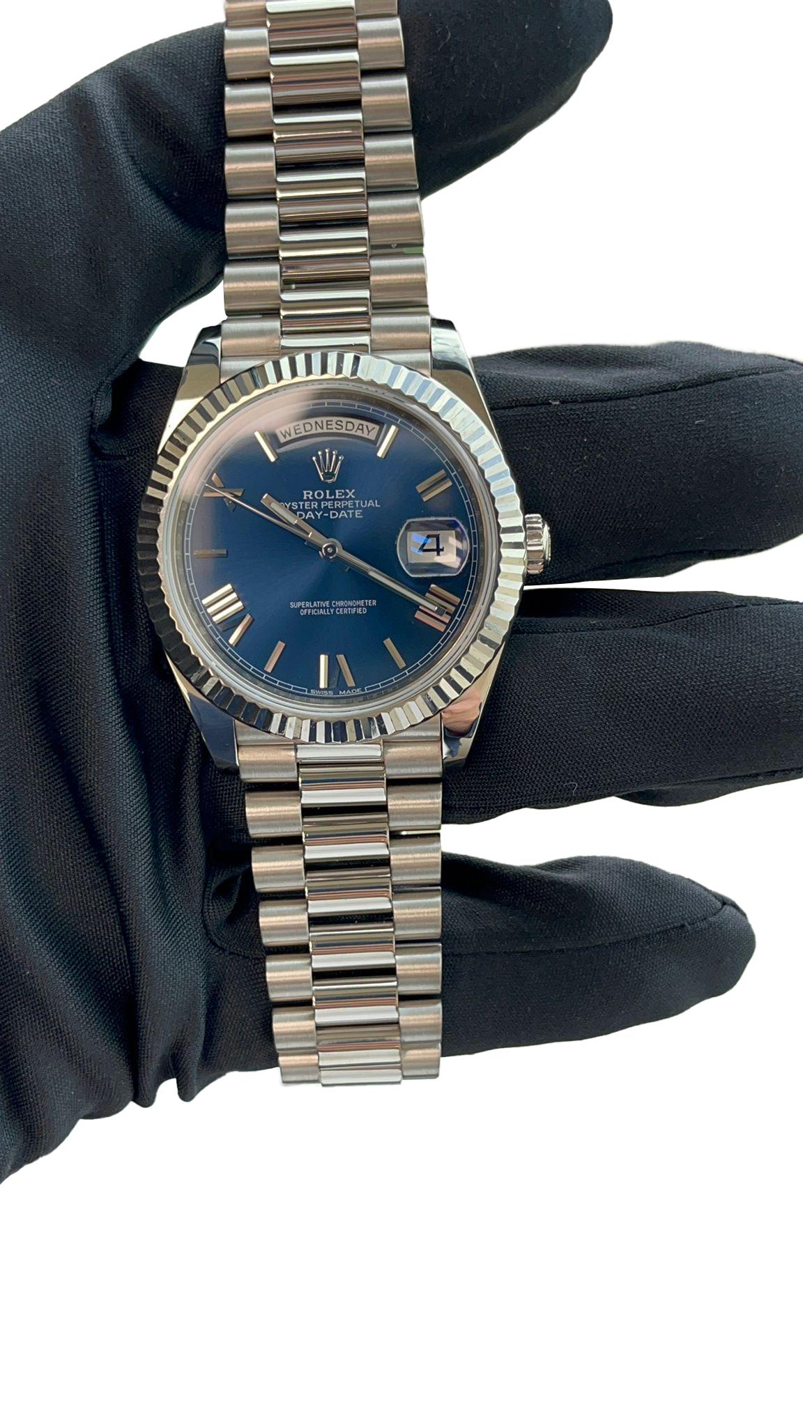 Rolex Day-Date 40mm White Gold Bright Blue Roman Dial Fluted Bezel Watch 228239 For Sale 11