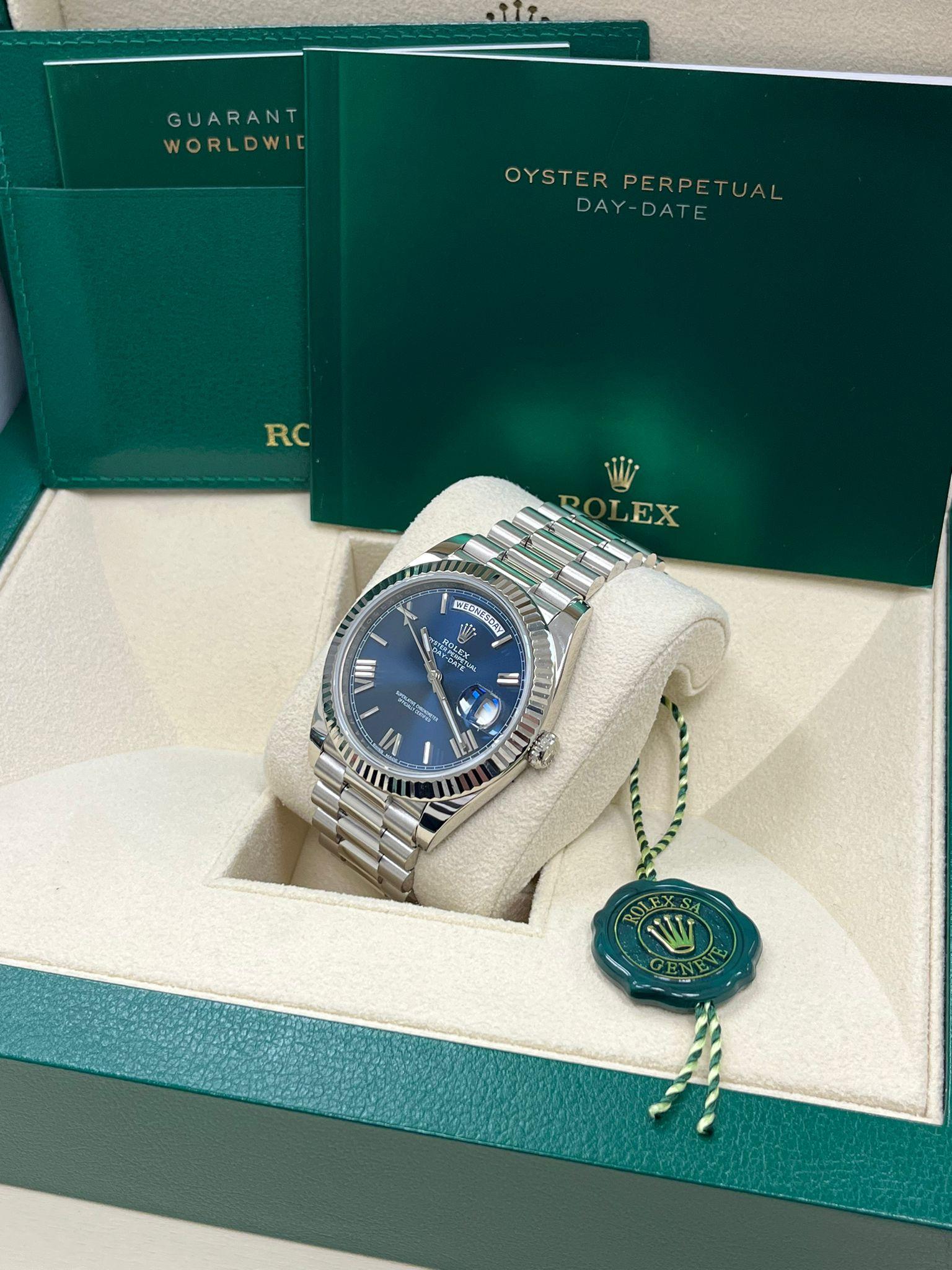 Rolex Day-Date 40mm White Gold Bright Blue Roman Dial Fluted Bezel Watch 228239 For Sale 1