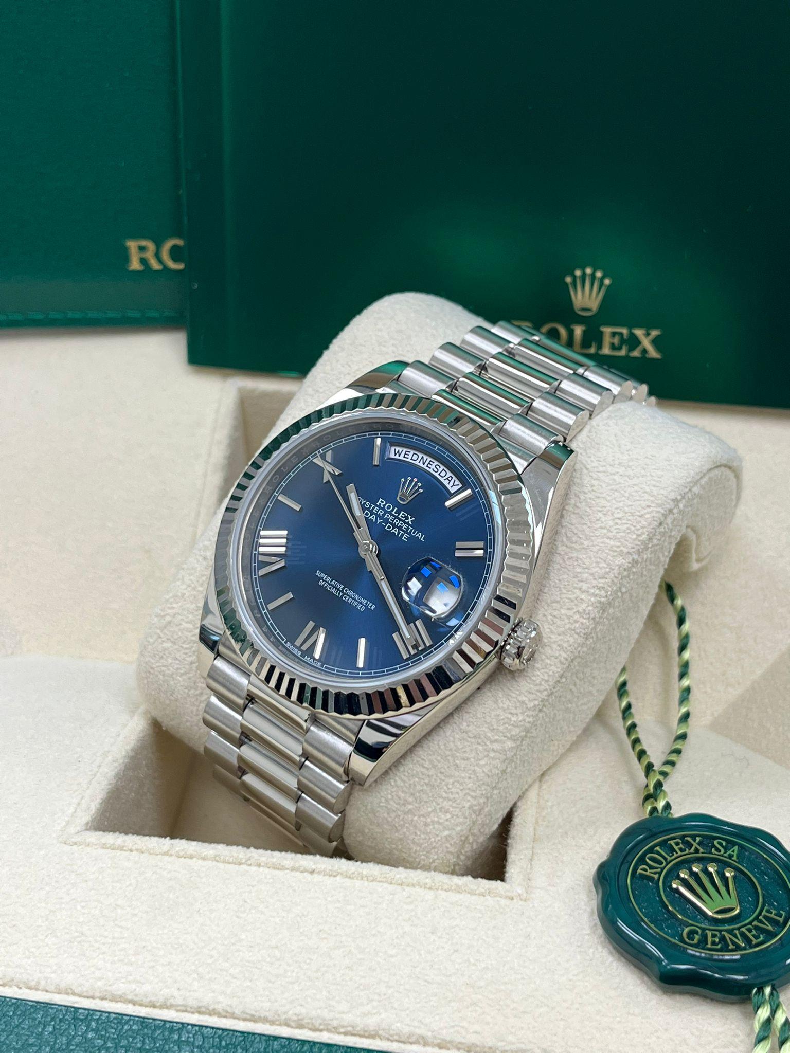 Rolex Day-Date 40mm White Gold Bright Blue Roman Dial Fluted Bezel Watch 228239 For Sale 2