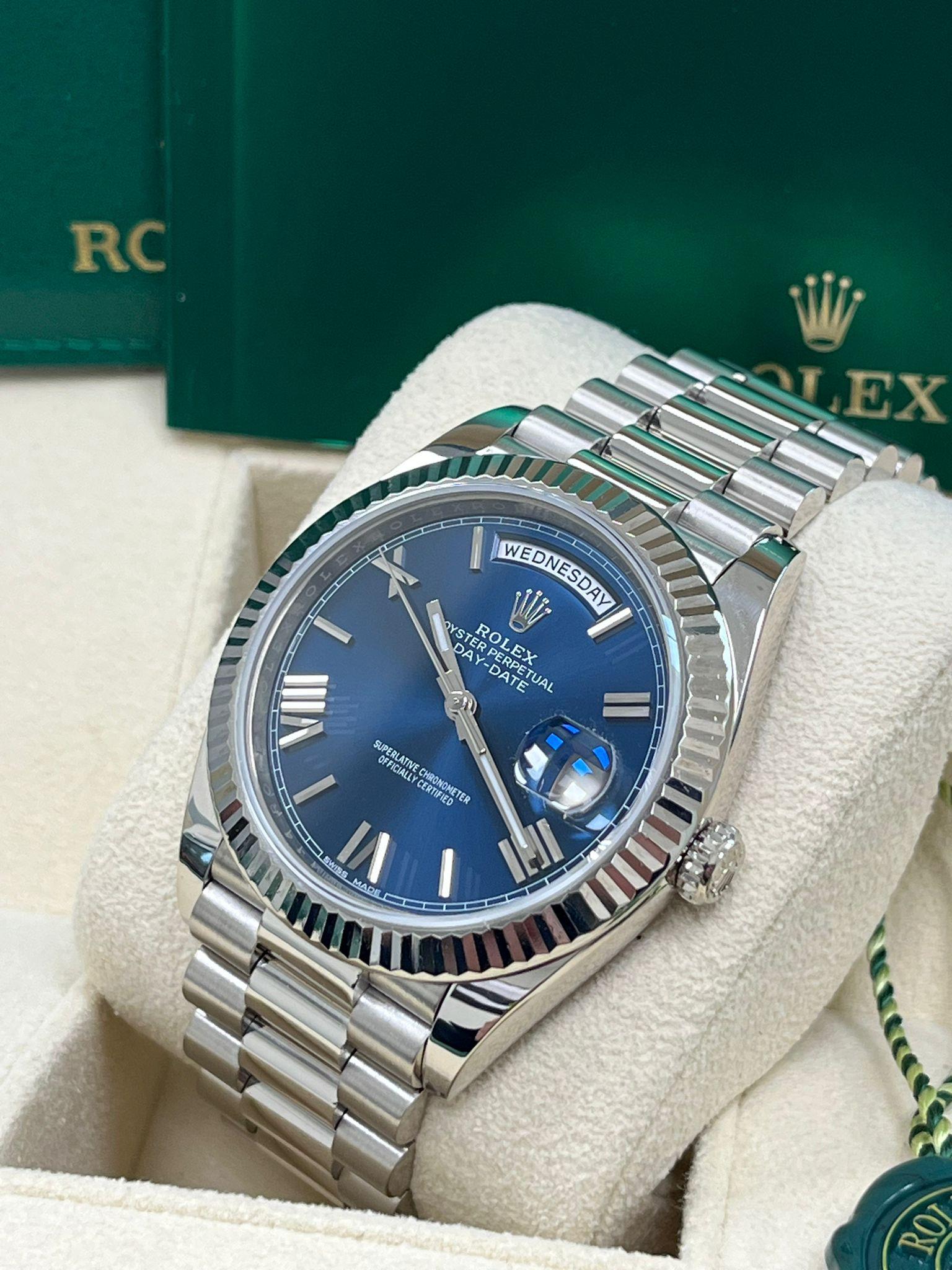 Rolex Day-Date 40mm White Gold Bright Blue Roman Dial Fluted Bezel Watch 228239 For Sale 3