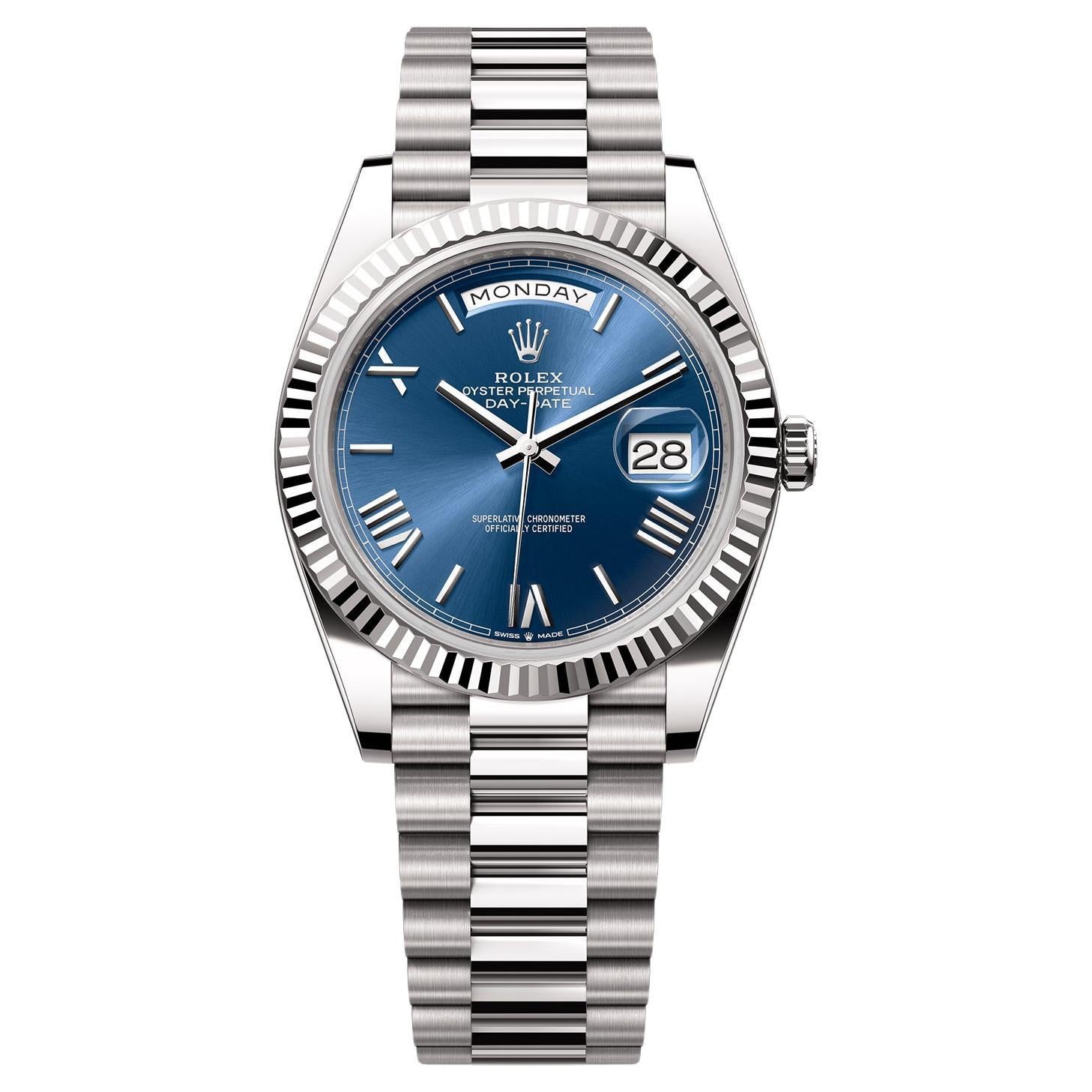 Rolex Day-Date 40mm White Gold Bright Blue Roman Dial Fluted Bezel Watch 228239 For Sale
