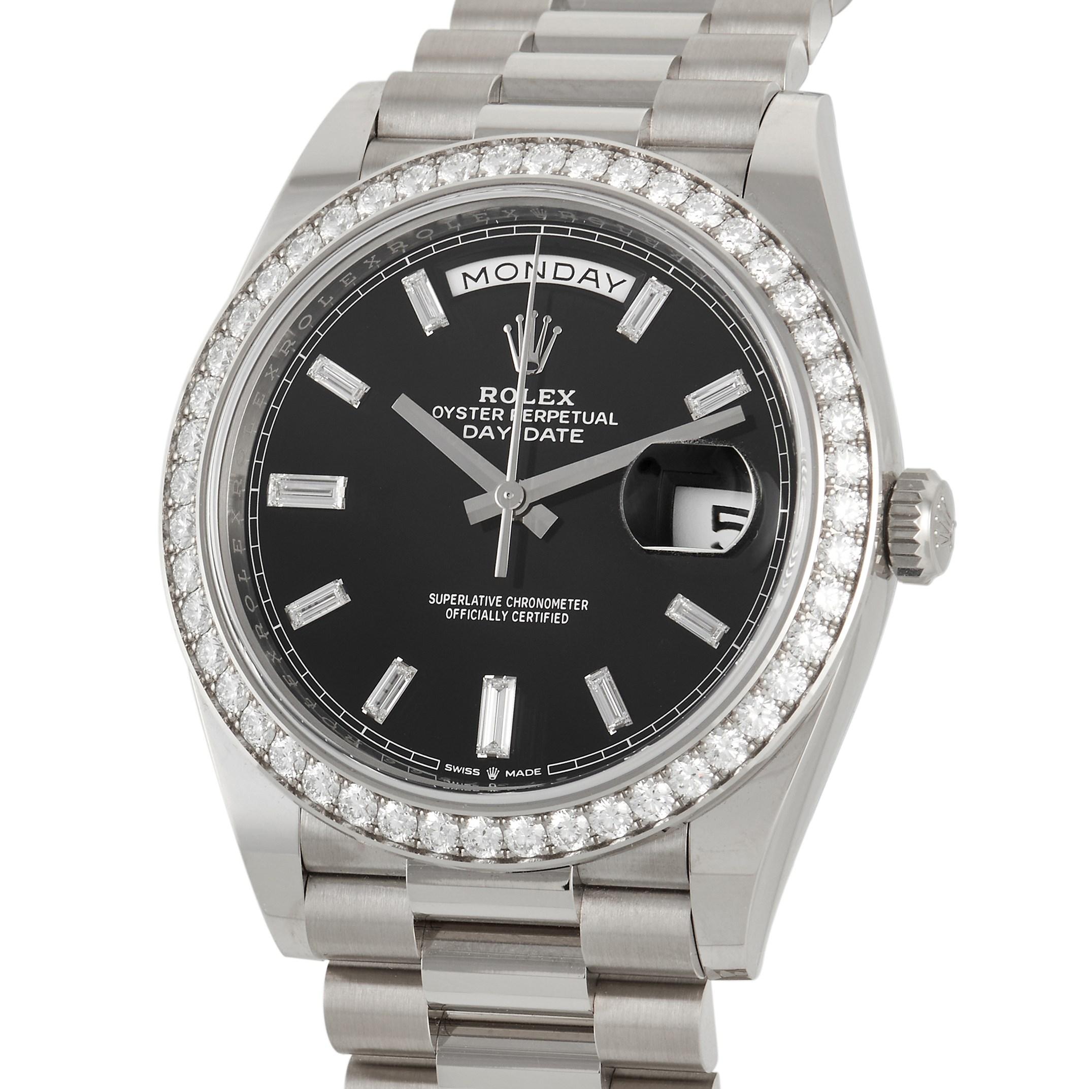 The Rolex Day-Date Watch, reference number 228349RBR, proves that understated luxury is the most impactful. 

This watch’s round 40mm case is crafted from 18K White Gold, which is complemented by a 18K White Gold bracelet. On the striking black