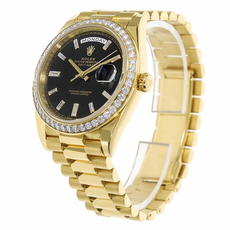 Rolex Day-Date Yellow Gold Black Dial Diamond Bezel Watch ...