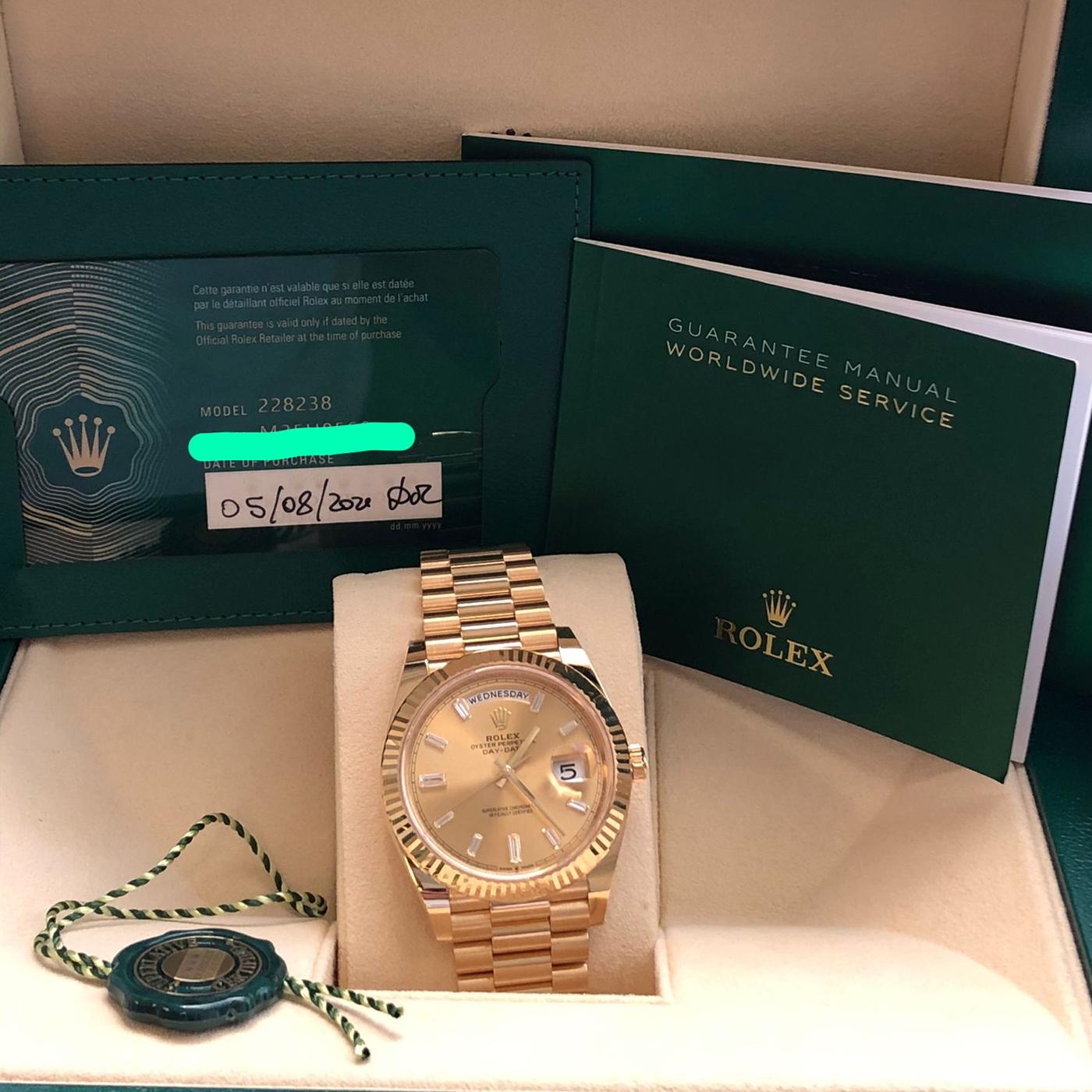 Rolex Day-Date Yellow Gold Champagne Baguette Diamond Dial President 228238 In New Condition In Aventura, FL