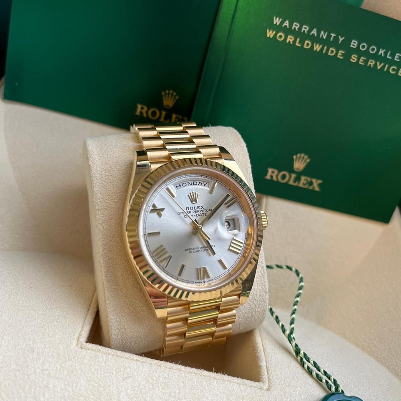 Rolex Day-Date Yellow Gold President Silver Roman Dial Watch 228238 For Sale 6