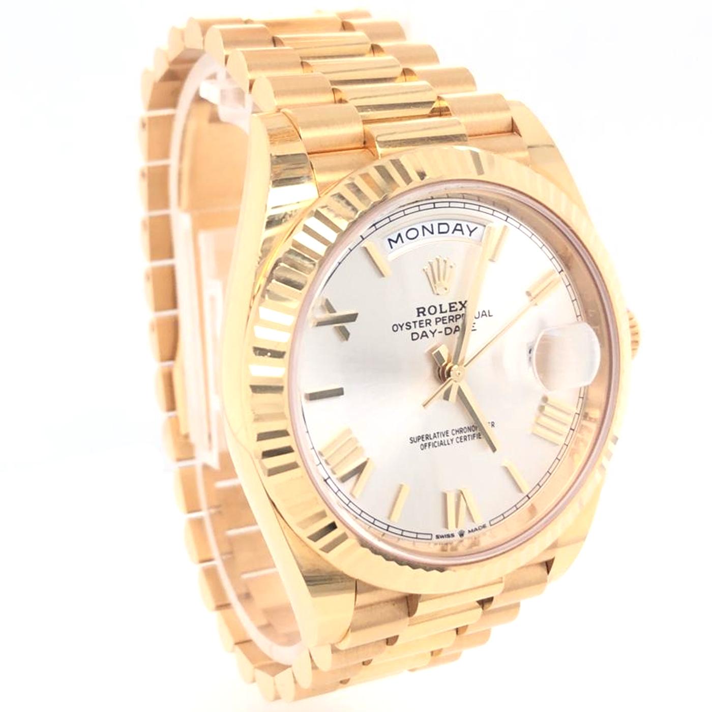 Rolex Day-Date Yellow Gold President Silver Roman Dial Watch 228238 In Excellent Condition For Sale In Aventura, FL