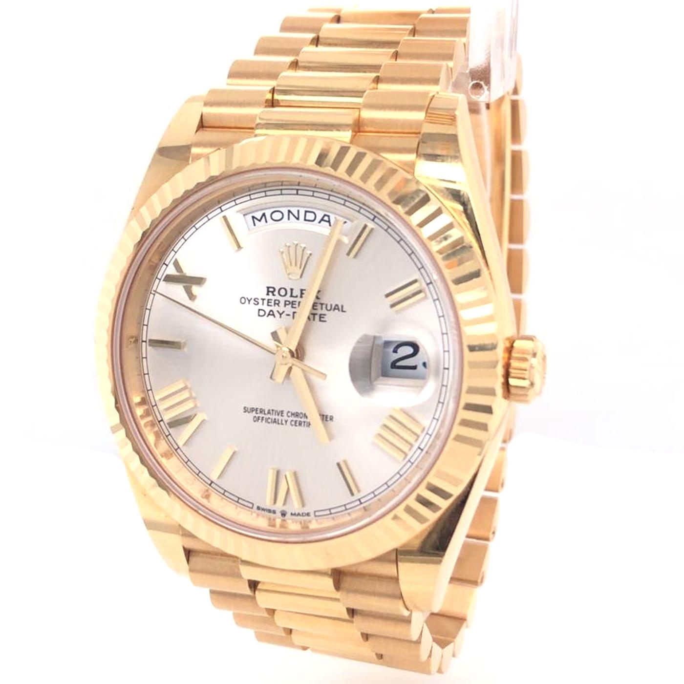 Women's or Men's Rolex Day-Date Yellow Gold President Silver Roman Dial Watch 228238 For Sale