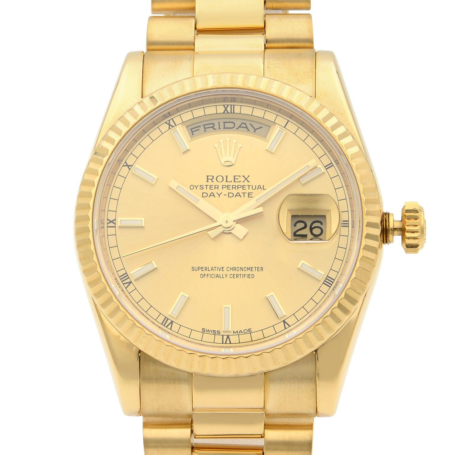 This pre-owned Rolex Day-Date 118238 is a beautiful men's timepiece that is powered by a mechanical (automatic) movement which is cased in a yellow gold case. It has a round shape face, day & date dial, and has hand sticks style markers. It is