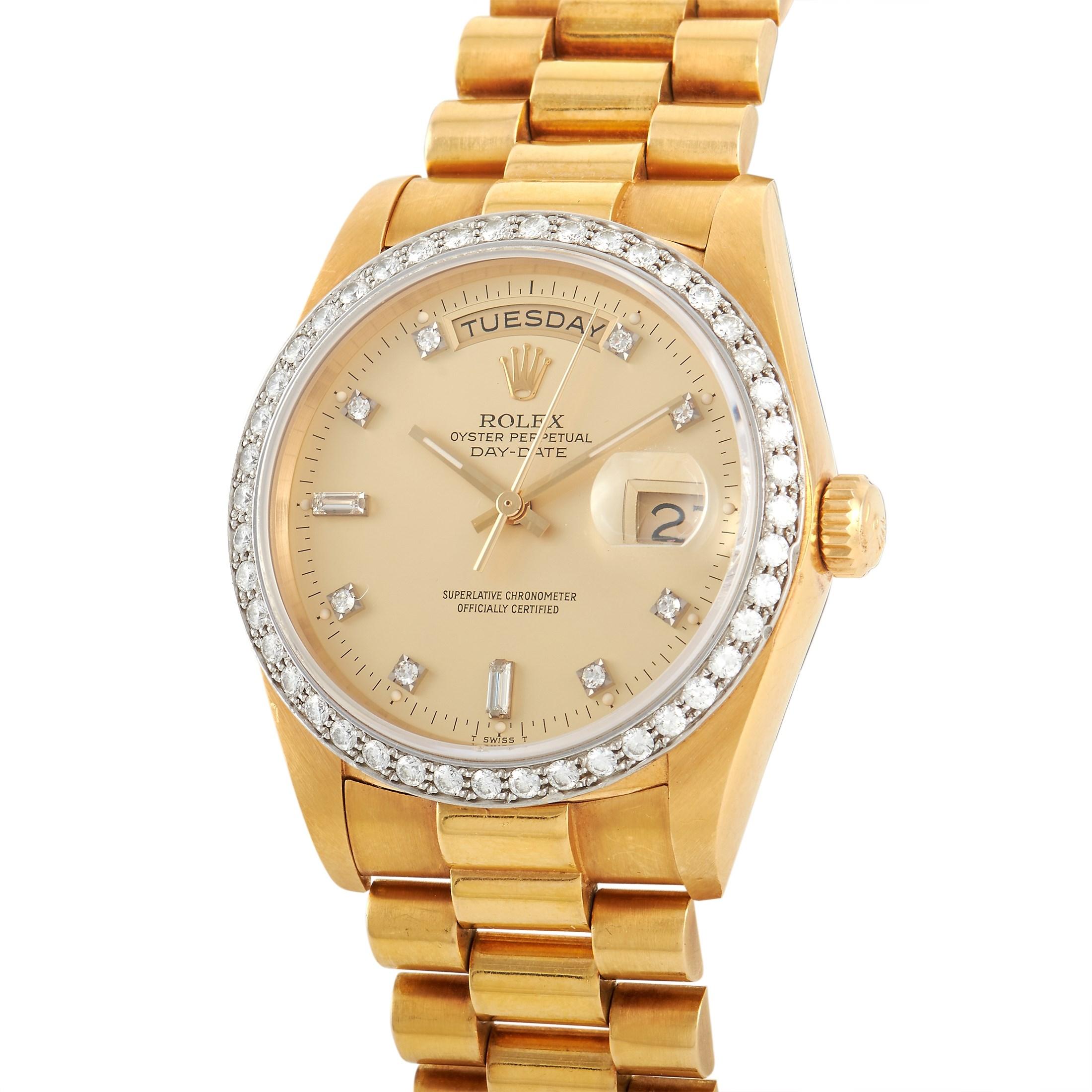 The Rolex Day-Date Diamond Watch, reference number 18048, is a luxury timepiece that requires no introduction. 

Crafted from precious materials, this watch includes a 42mm case, bracelet, and bezel made from 18K Yellow Gold - but what truly sets