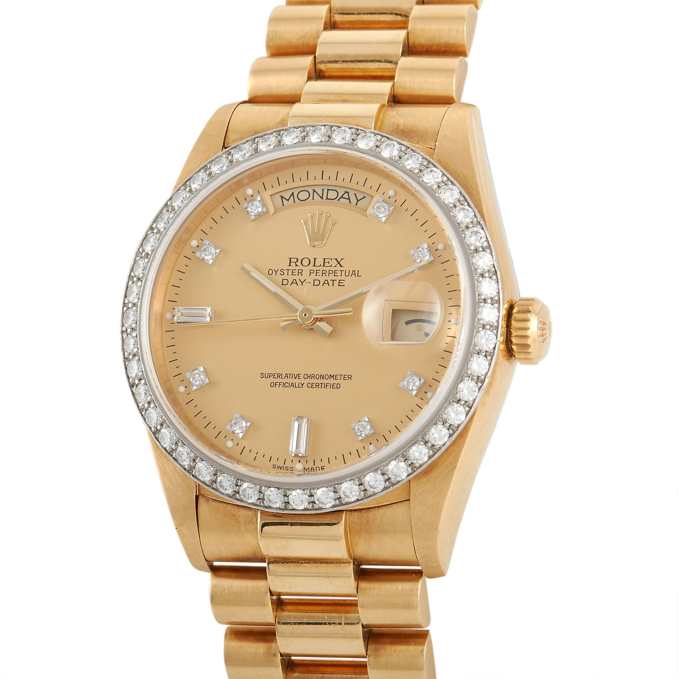 The Rolex Day-Date Diamond Watch, reference number 18048, is a luxury timepiece that requires no introduction. 

Crafted from precious materials, this watch includes a 42mm case, bracelet, and bezel made from 18K Yellow Gold - but what truly sets