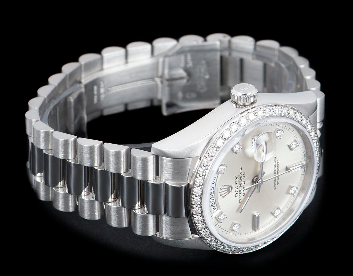 rolex day date silver diamond