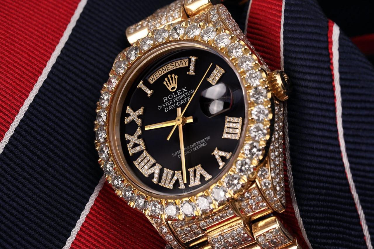 Rolex Day-Date Diamants véritables Cadran romain noir Bracelet présidentiel 18038 Excellent état - En vente à New York, NY