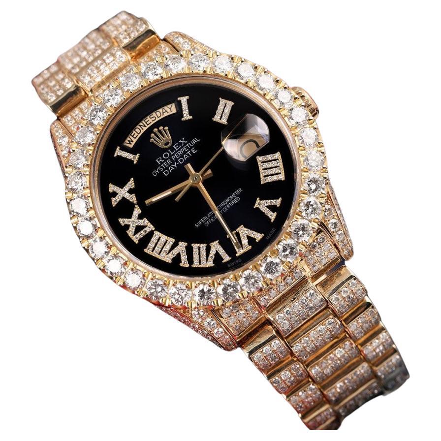 Rolex Day-Date Diamants véritables Cadran romain noir Bracelet présidentiel 18038 en vente