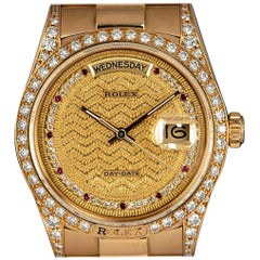 Rolex Day-Date Gold Decorated Diamond and Ruby String Dial Automatic Wristwatch