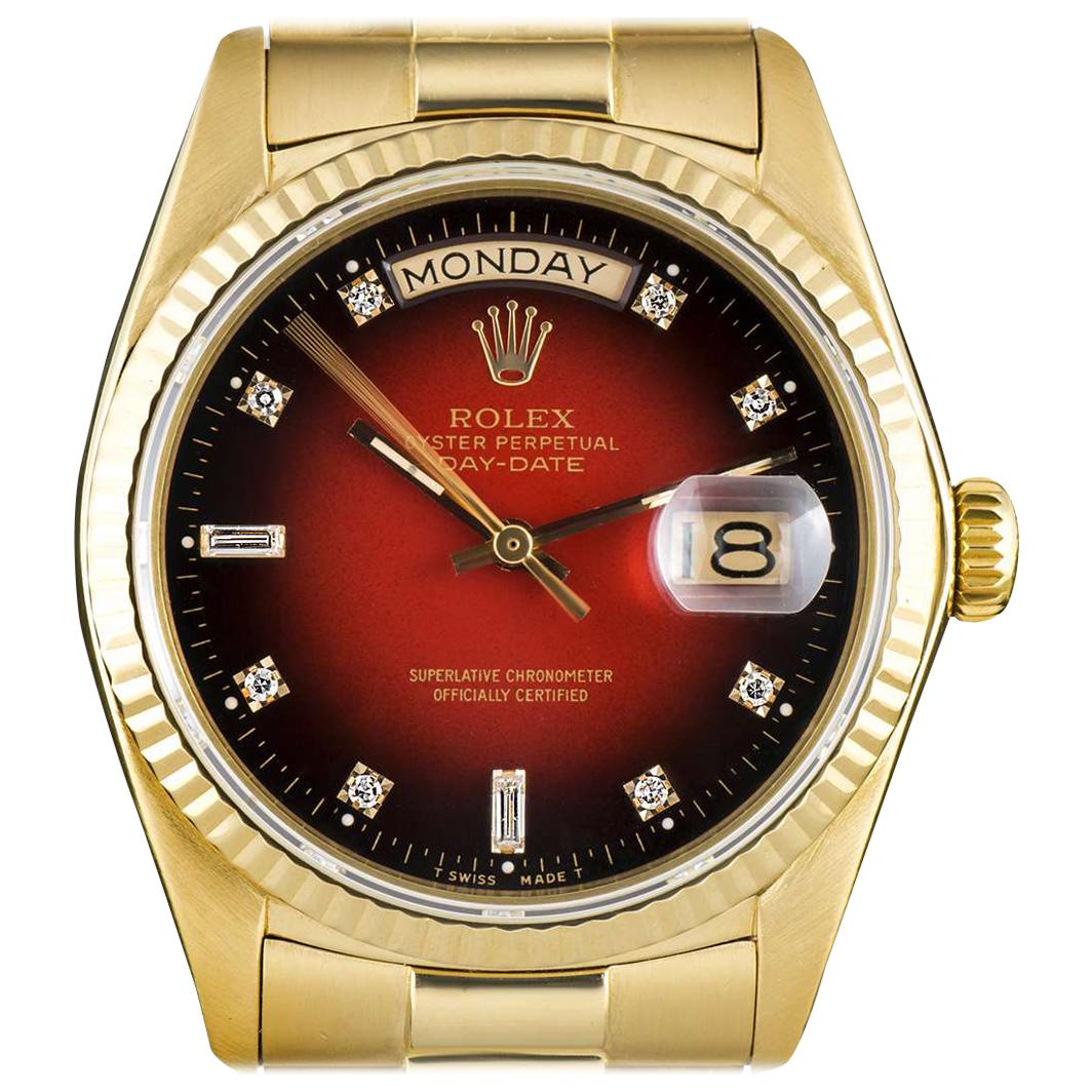 Rolex Day-Date Gold Maroon Vignette Diamond Dial 18038 Automatic Wristwatch