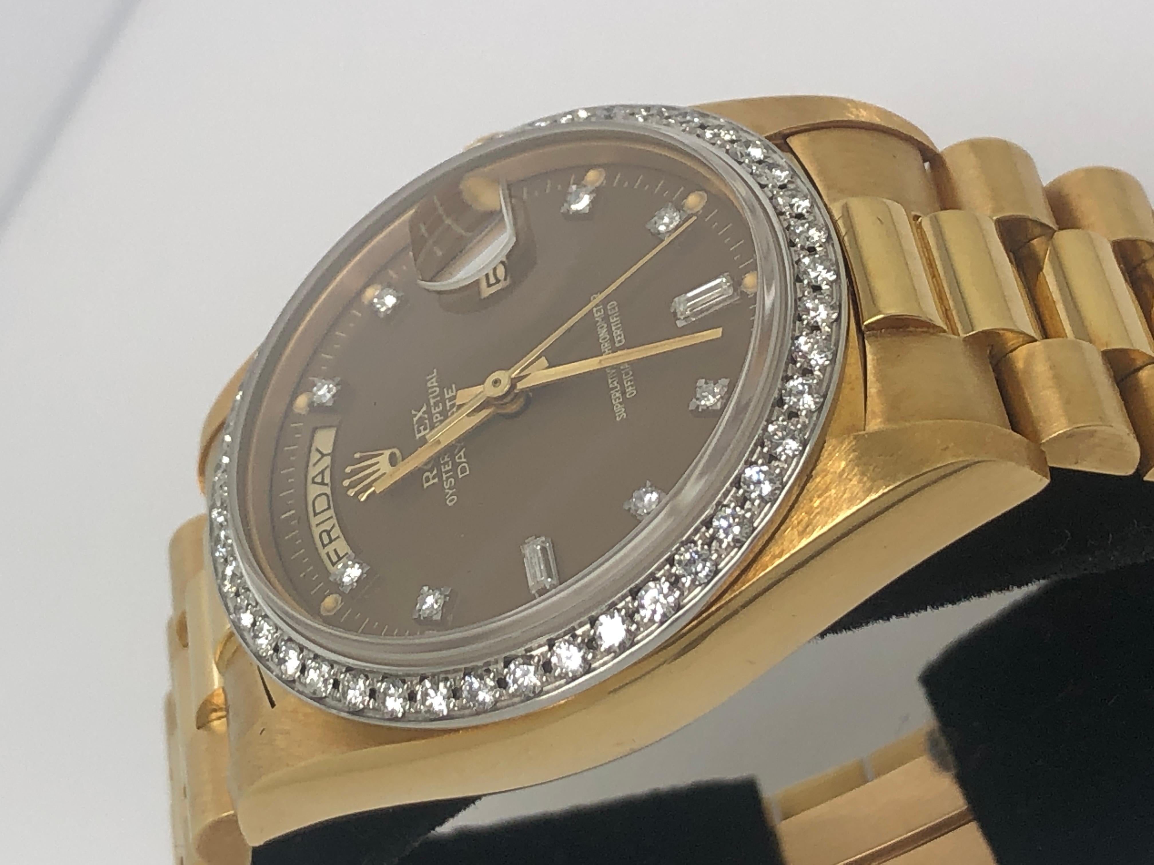 The Day Date is Rolex’s top of the line watch. Displaying the day of the week below 12 o’clock and the date at 3 o’clock, this model also became known as the President not only because its bracelet was named the President bracelet, but also because