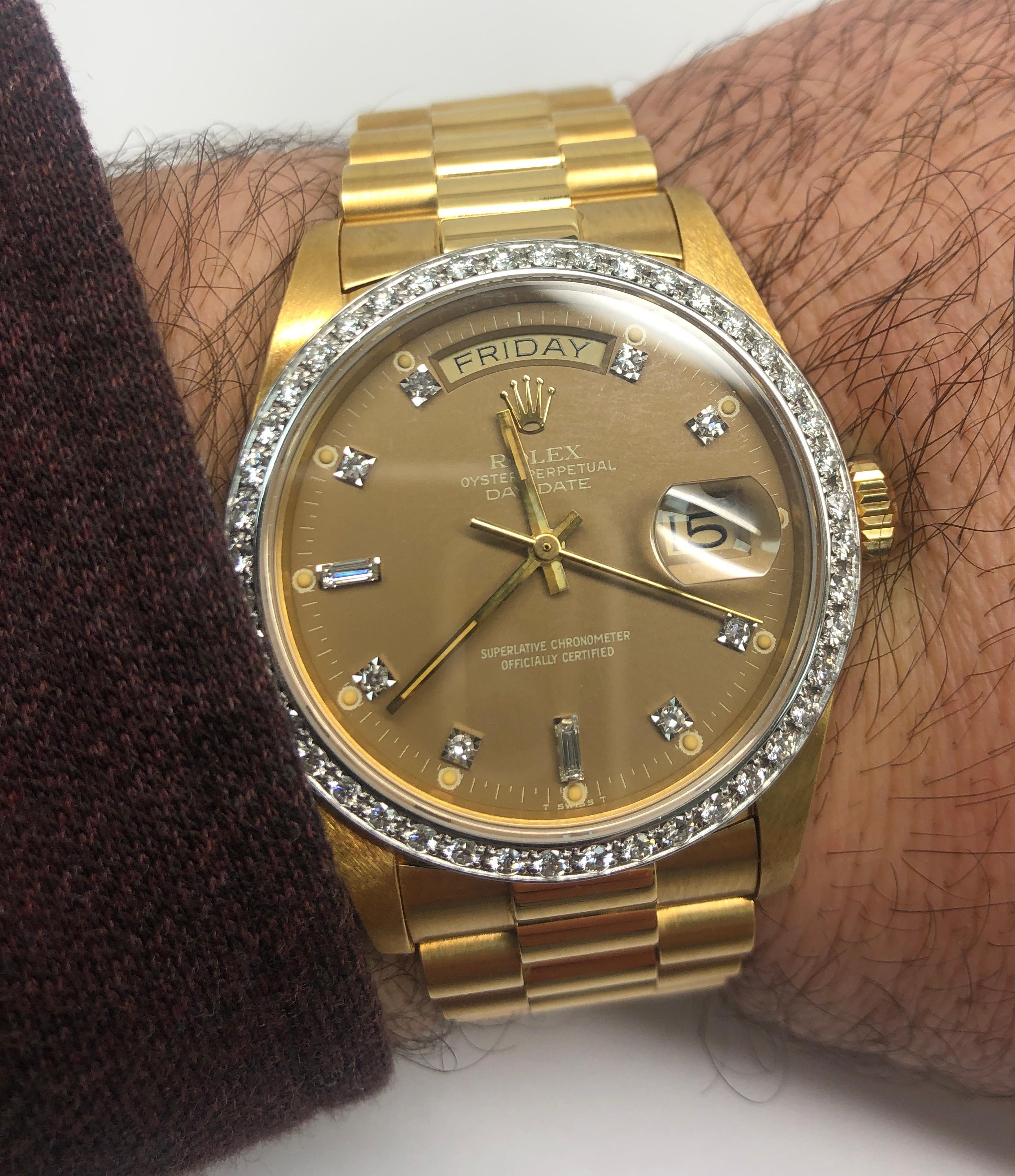 Round Cut Rolex Day Date Gold Rare Slate Chocolate Factory Diamond Dial & Bezel Watch