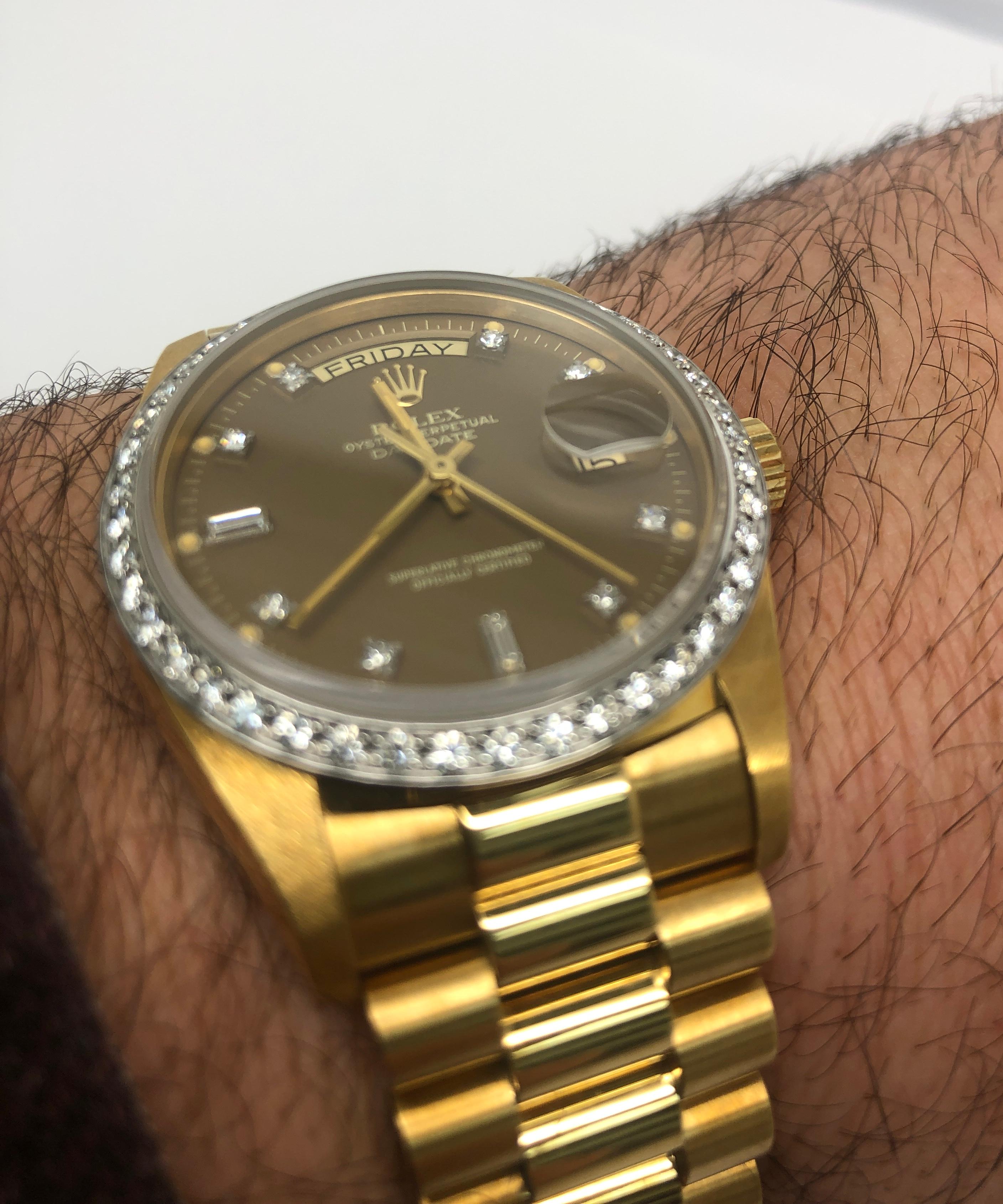 Women's or Men's Rolex Day Date Gold Rare Slate Chocolate Factory Diamond Dial & Bezel Watch