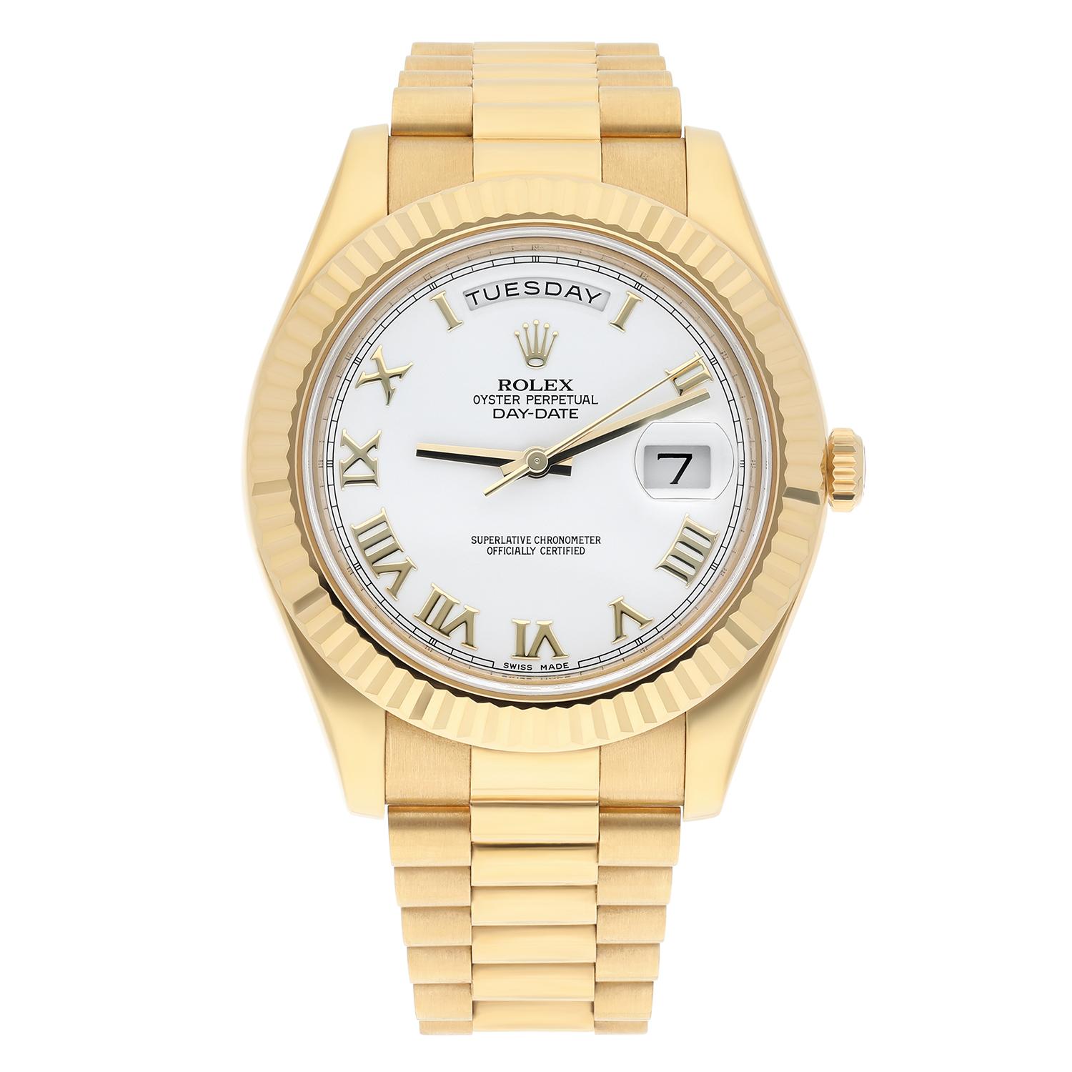 Elevate your style with this luxurious Rolex Day-Date II 218238 wristwatch. The yellow gold case and band exude opulence and sophistication, while the white Roman dial with day and date indicators and fluted bezel add to its classic appeal. Indulge