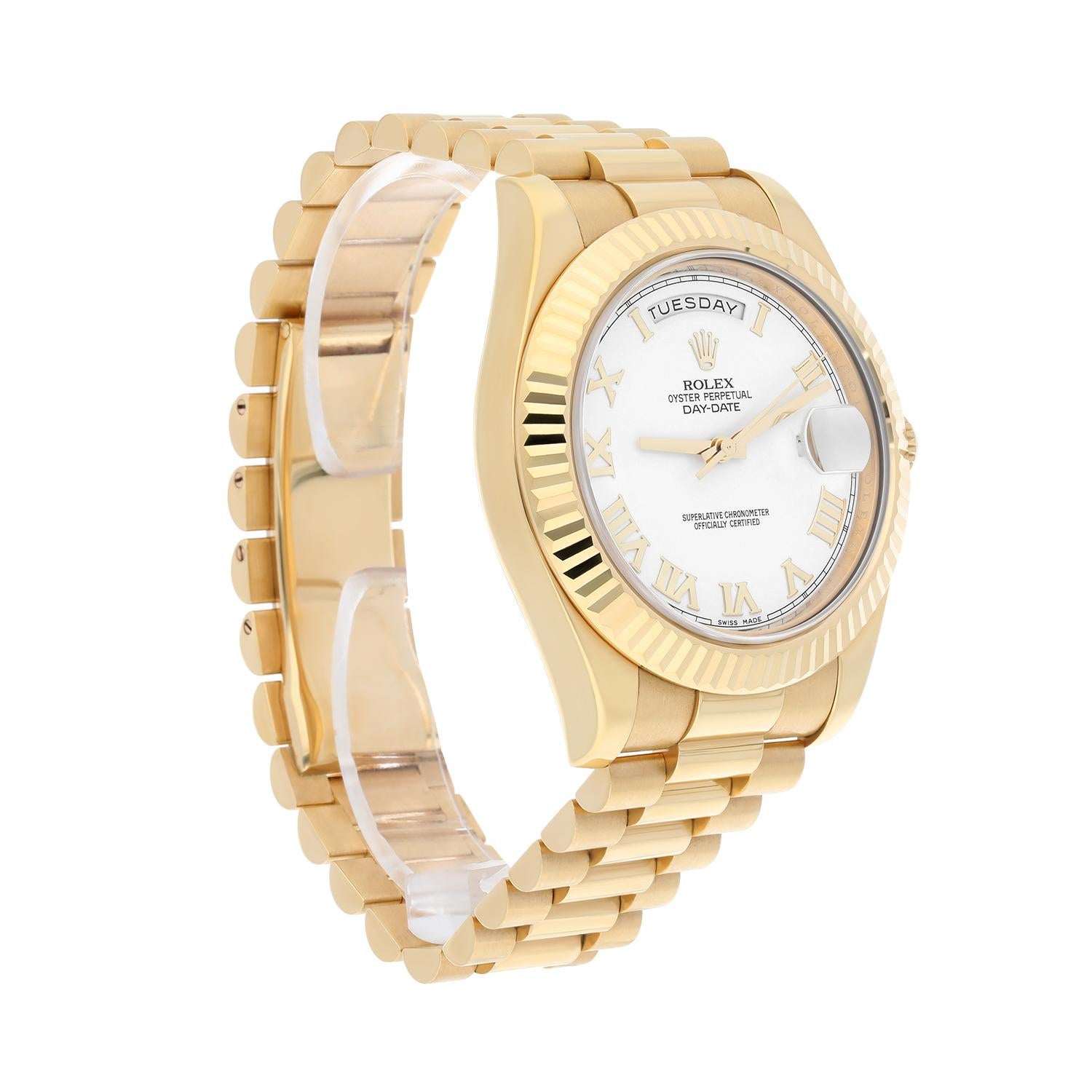 Modern Rolex Day-Date II 218238 Yellow Gold Watch White Roman Dial Complete For Sale