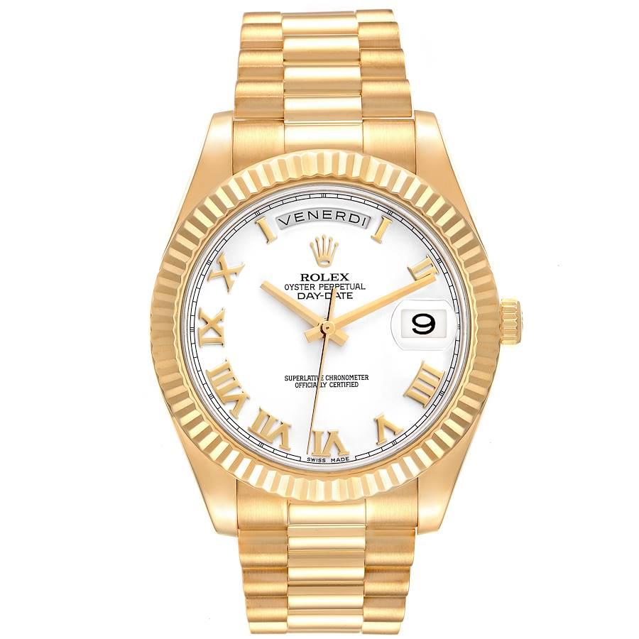 Rolex Day-Date II 41 President Yellow Gold White Dial Mens Watch 218238 Box Card. Officially certified chronometer self-winding movement. 18K yellow gold case 41 mm in diameter. High polished lugs. Rolex logo on a crown. 18K yellow gold fluted