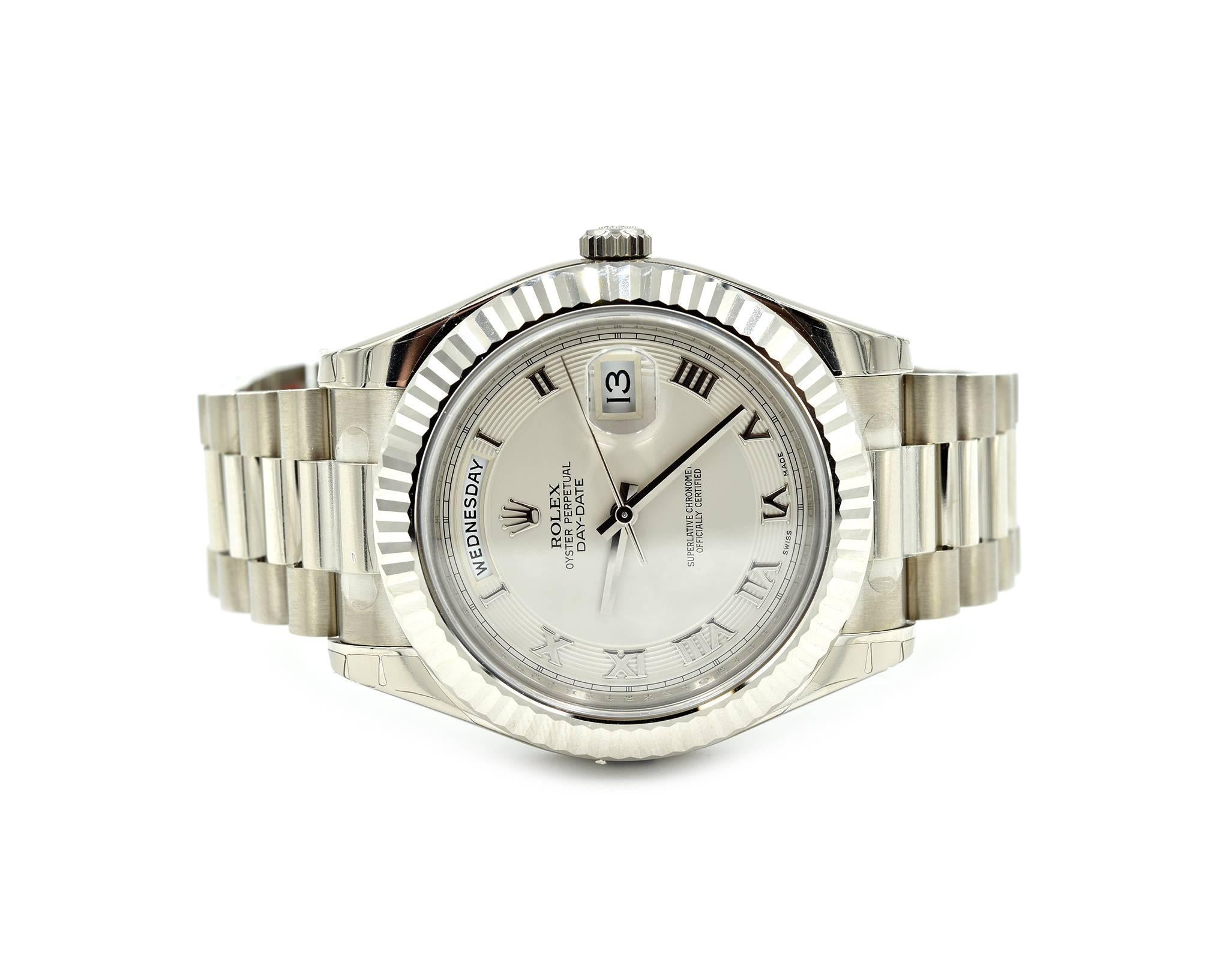 Rolex Day-Date II 41 Roman Dial Fluted Bezel Watch 18 Karat Gold Ref 218239 In Excellent Condition In Scottsdale, AZ