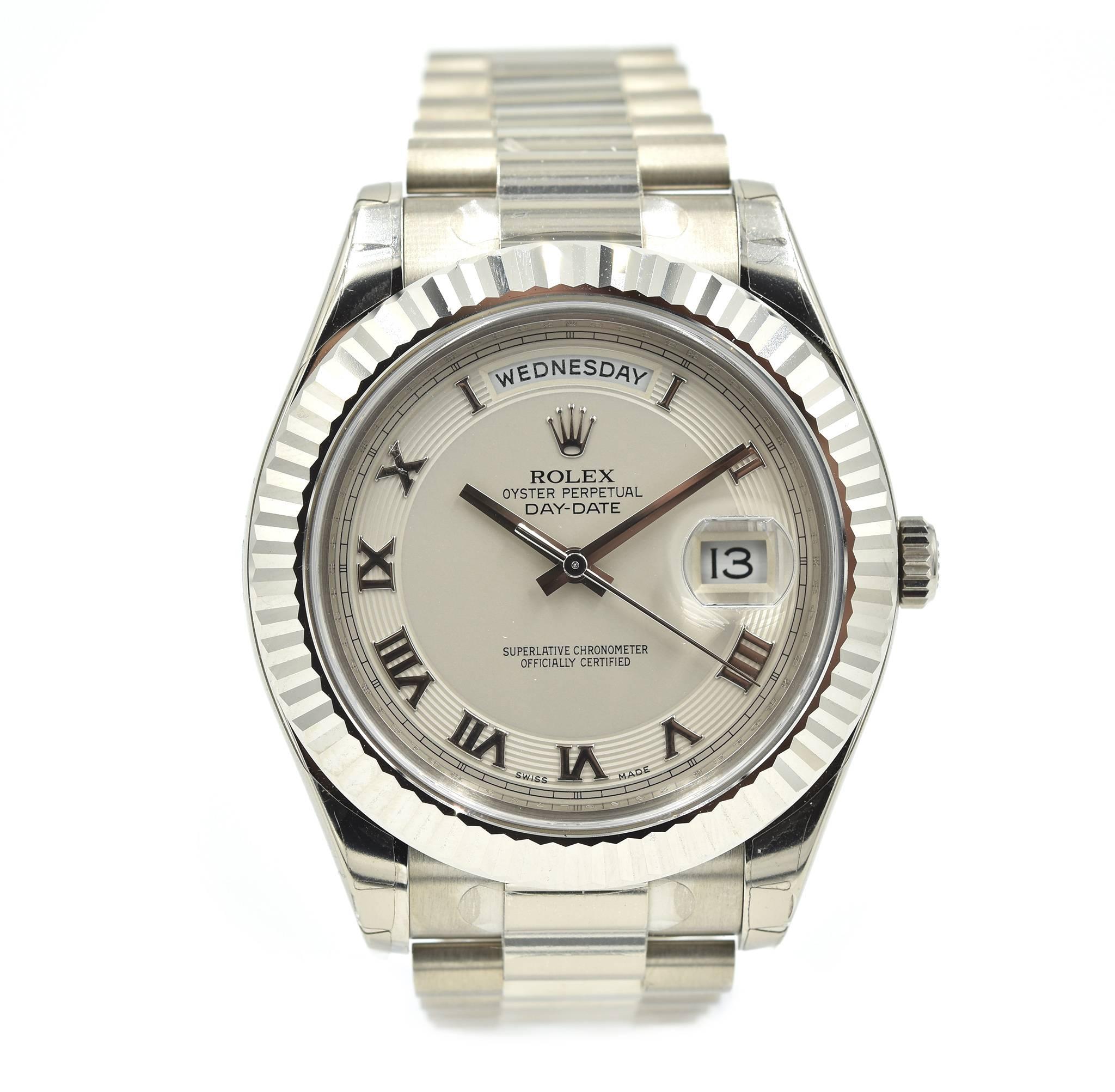 Rolex Day-Date II 41 Roman Dial Fluted Bezel Watch 18 Karat Gold Ref 218239