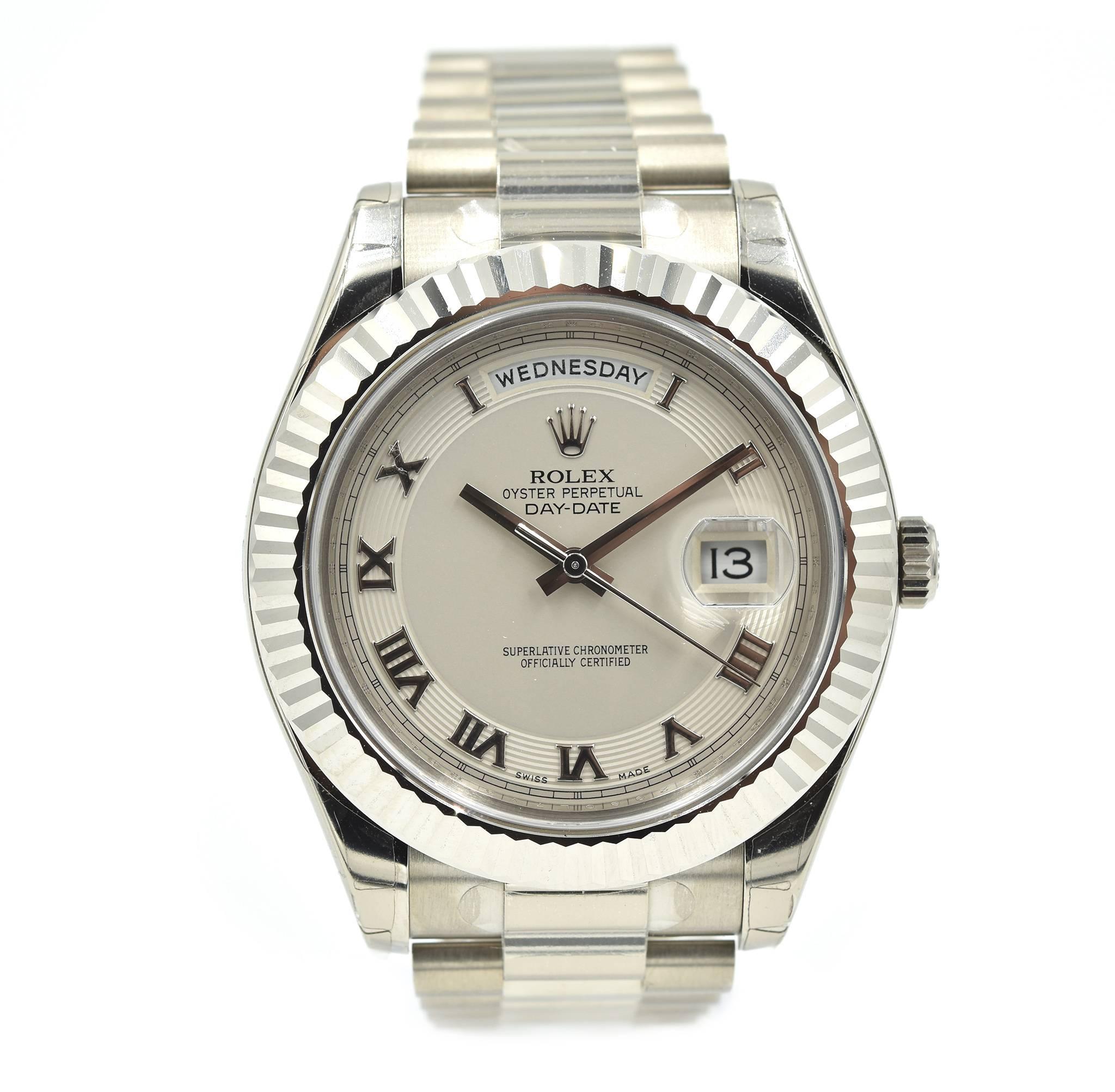 Rolex Day-Date II 41 Roman Dial Fluted Bezel Watch 18 Karat Gold Ref 218239