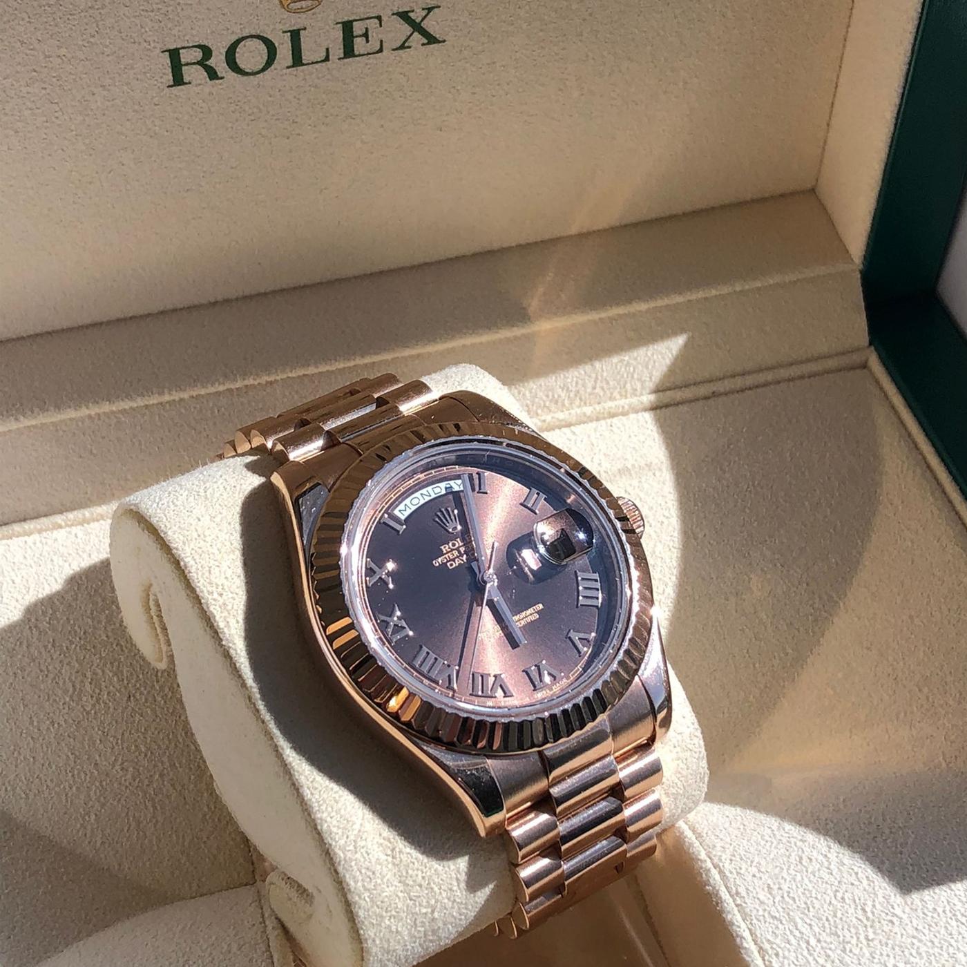 Rolex Day-Date II 18K Rose Gold Chocolate Roman Dial Watch 218235 In Excellent Condition In Aventura, FL