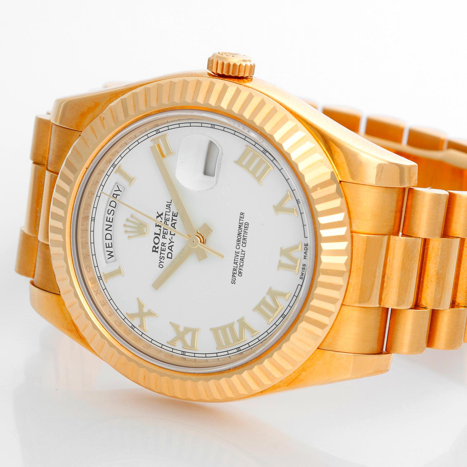 Rolex Day-Date II 41mm 18k Yellow Gold Men's President Watch 218238 - Automatic winding, 31 jewels, sapphire crystal, with day and date. 18k yellow gold case with fluted bezel (41mm diameter). White dial with raised roman numerals . 18k yellow gold
