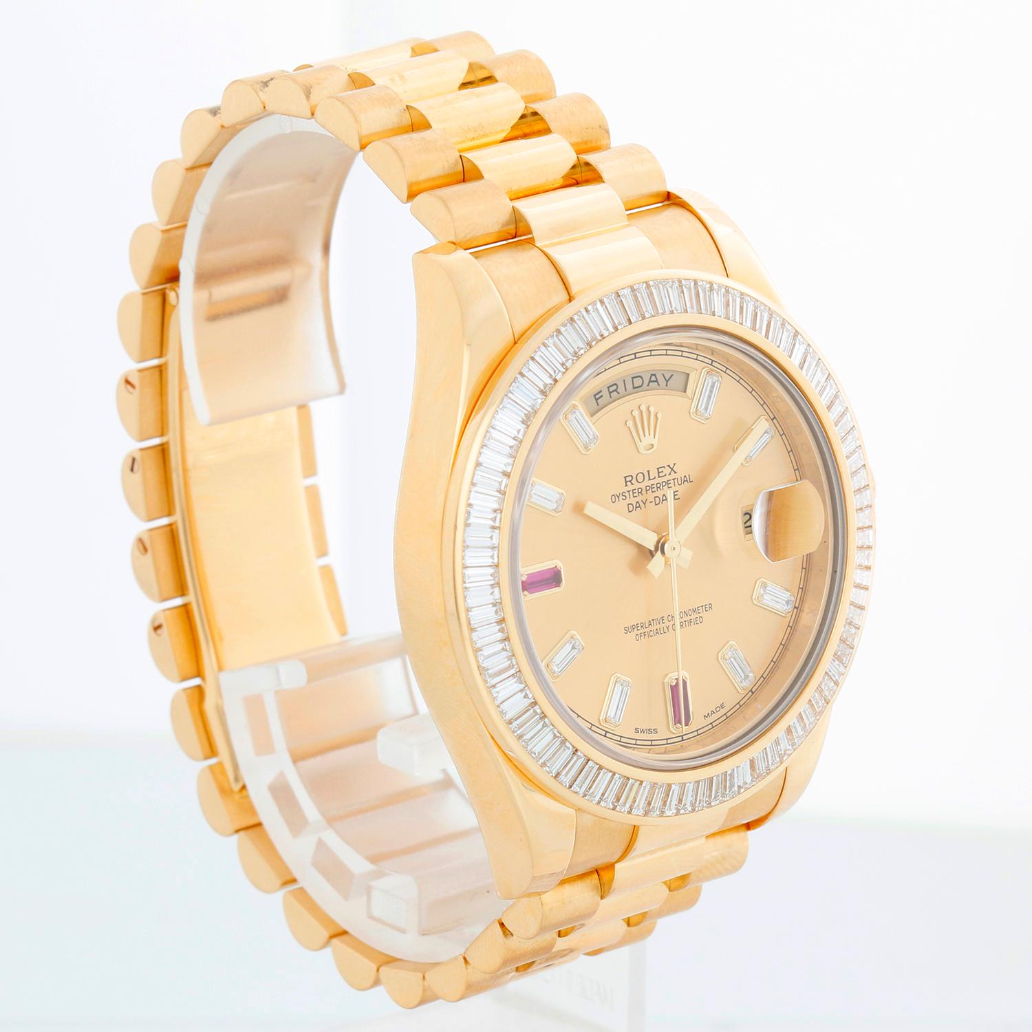 Rolex Day-Date II 41mm 18k Yellow Gold Men's President Watch 218398 - Automatic winding, 31 jewels, sapphire crystal, with day and date. Day-Date II. (41mm) 18k yellow gold case with 18k yellow gold bezel set with 80 baguettes (approx. 3.47 ct).