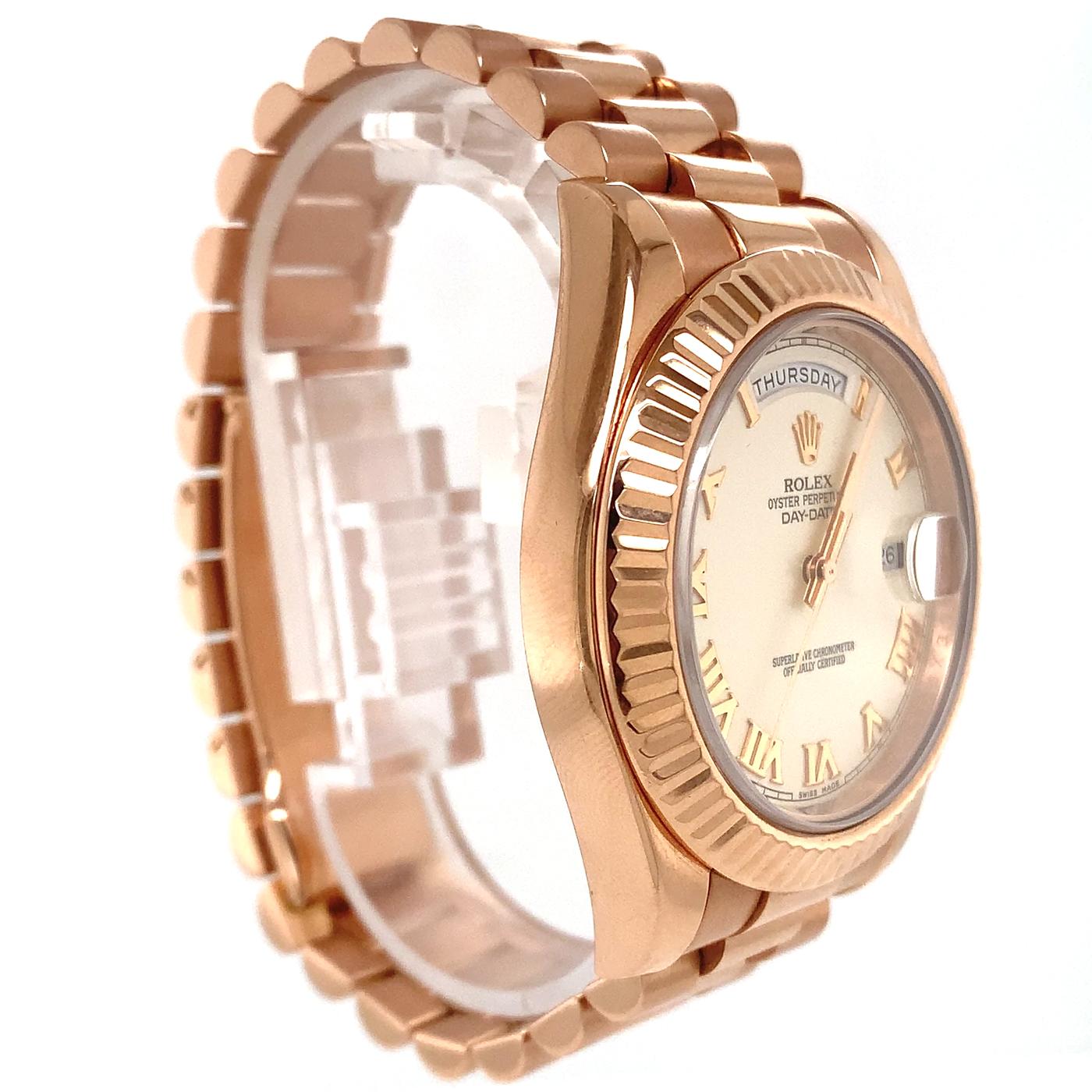 Modernist Rolex Day-Date II 41mm President 18K Everose Gold Fluted Bezel 21823 For Sale