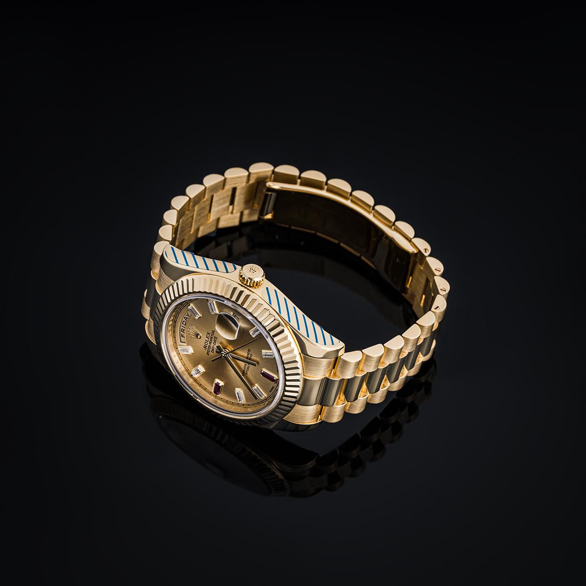 Taille émeraude Rolex Day-Date II avec cadran en diamants et rubis 218238 en vente