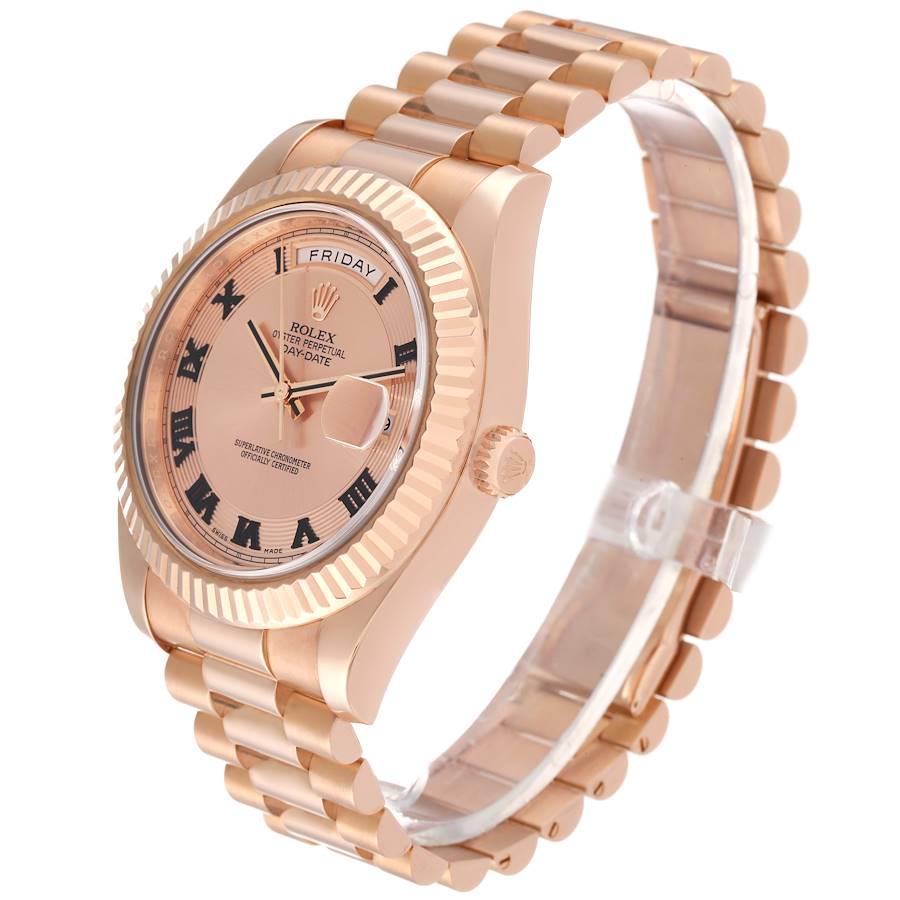 Rolex Day-Date II Everose Concentric Roman Dial Rose Gold Watch 218235 Box Card In Excellent Condition For Sale In Atlanta, GA
