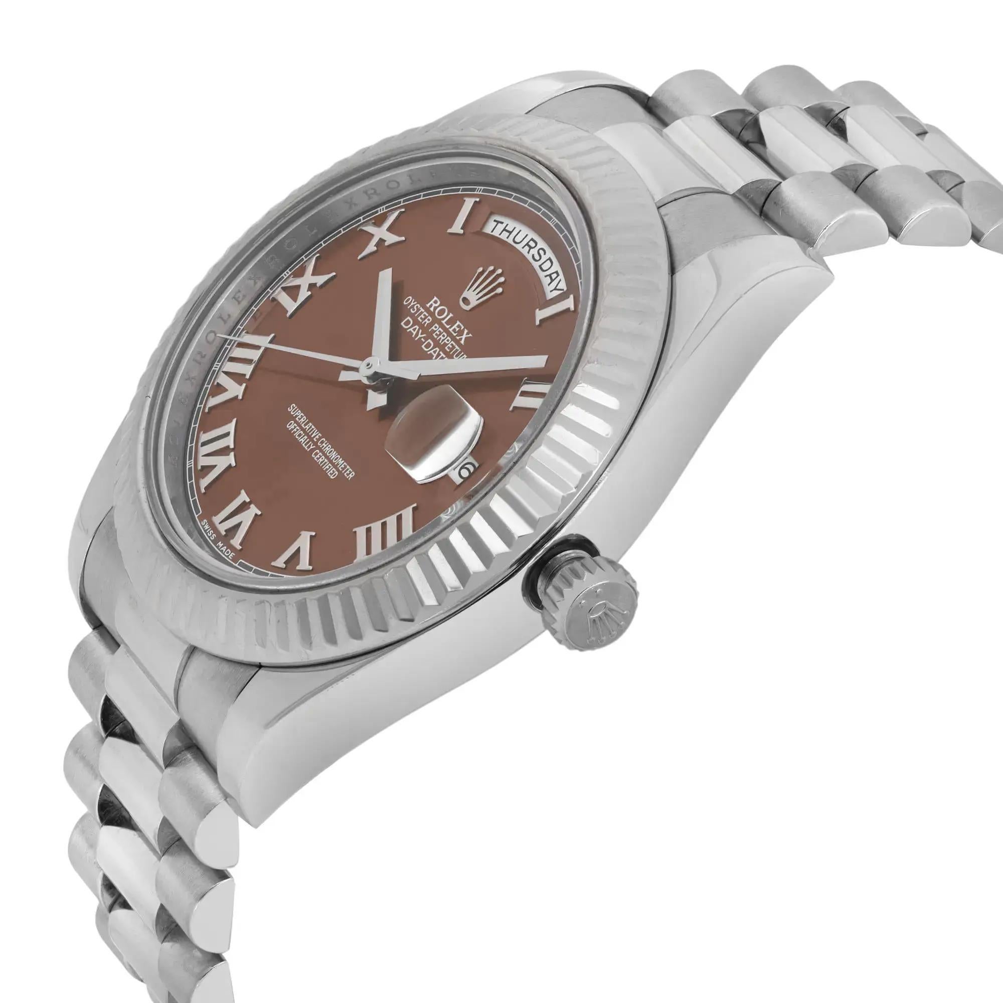 Rolex Day-Date II President 18K White Gold Bronze Havana Roman Dial Watch 218239 In Excellent Condition For Sale In New York, NY