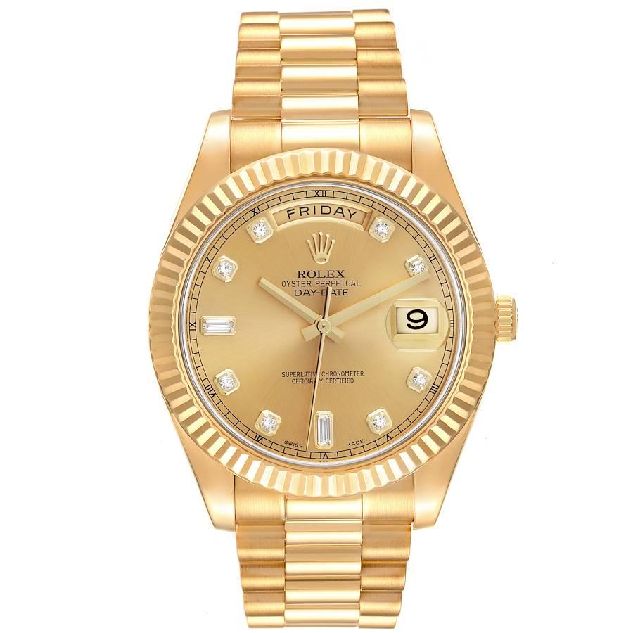 Rolex Day-Date II President 41 Yellow Gold Diamond Mens Watch 218238 Box Card. Officially certified chronometer automatic self-winding movement. 18K yellow gold case 41 mm in diameter.  Rolex logo on the crown. 18K yellow gold fluted bezel. Scratch