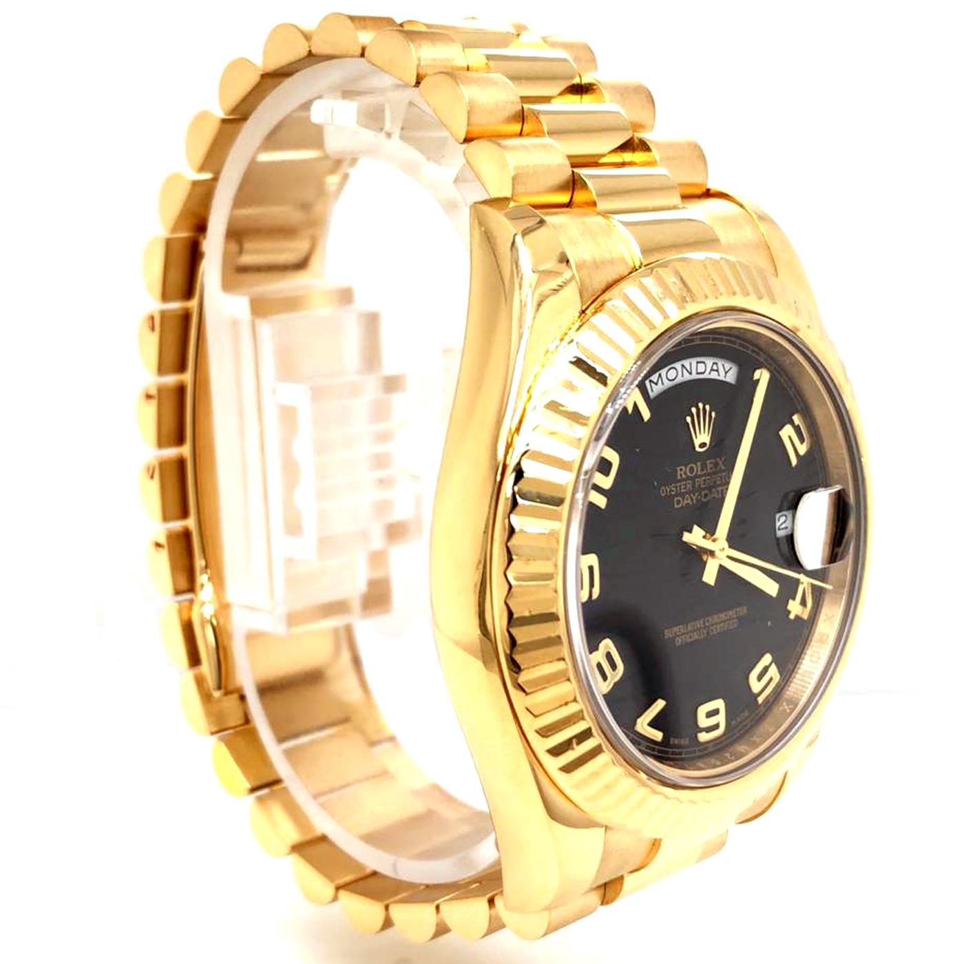 Rolex Day-Date II President Yellow Gold Black Wave Dial Face Watch 218238 In Good Condition In Aventura, FL