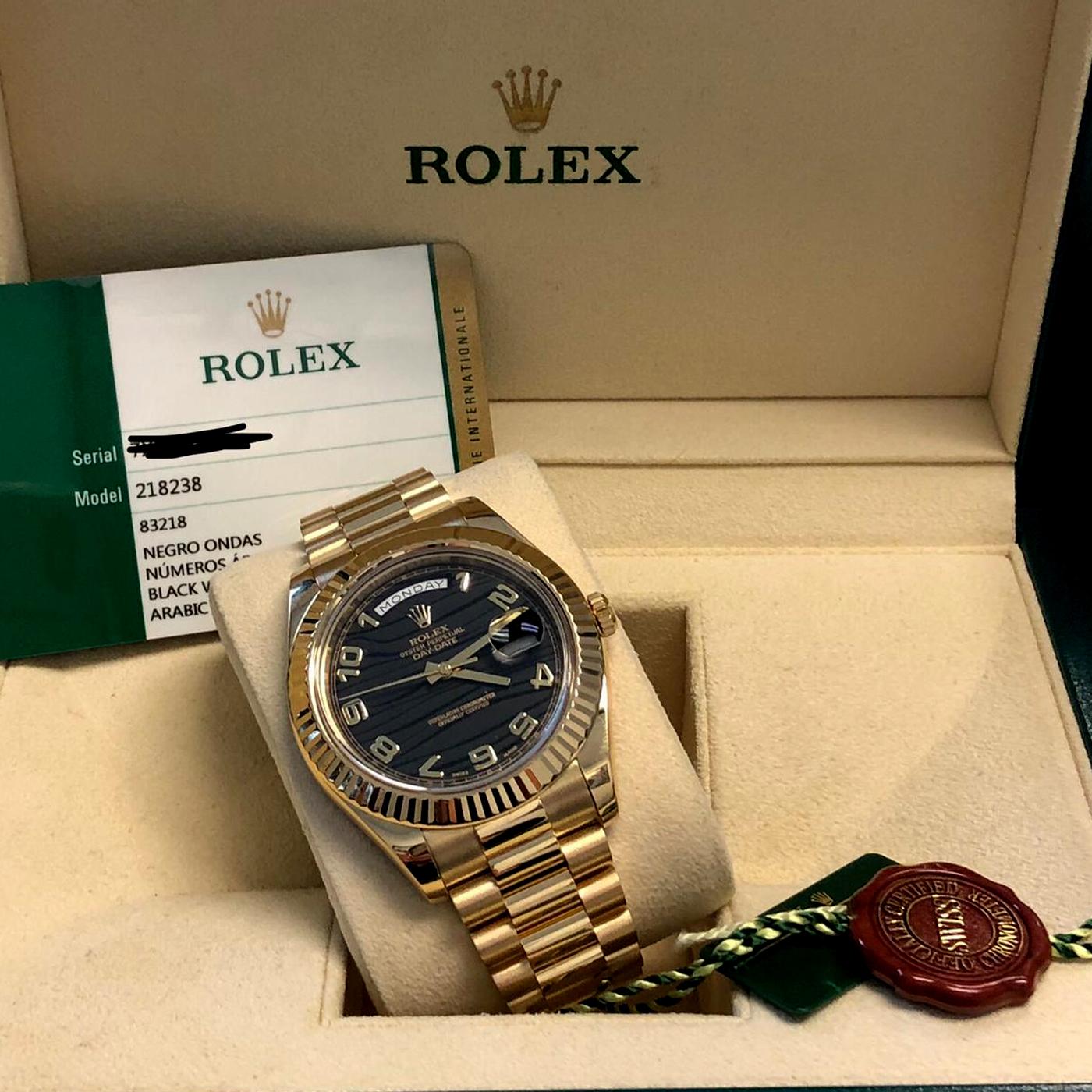 Rolex Day-Date II President Yellow Gold Black Wave Dial Face Watch 218238 1