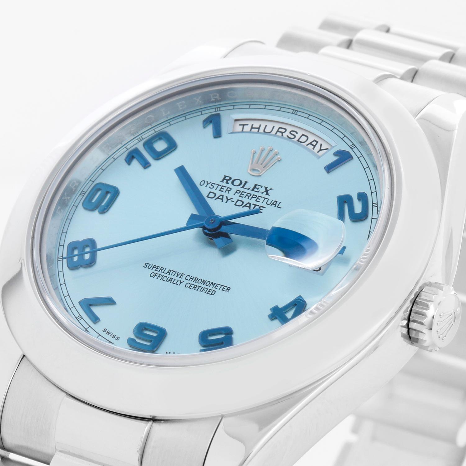 Rolex Day-Date II President Men's Platinum Watch Glacier Blue Dial 218206 - Automatic winding with day and date; 31 jewels; sapphire crystal. Platinum case with smooth bezel (41mm diameter). Glacier blue dial with Arabic numerals. Platinum President