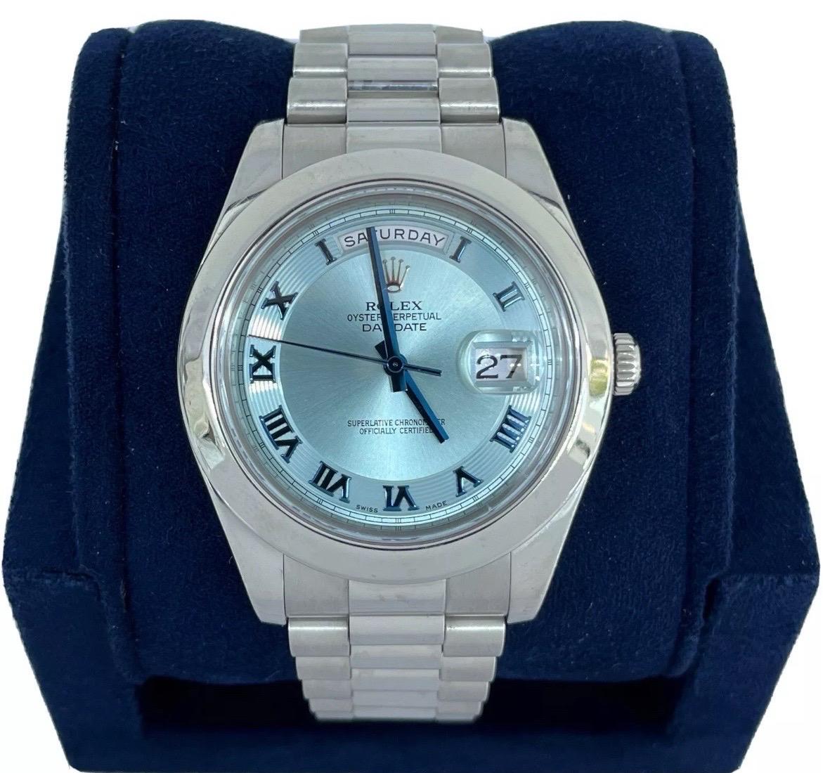 Commanding and elegant, the Rolex Day-Date II Ref. 218206 represents the pinnacle of sophistication and craftsmanship. Expertly crafted in solid 950 platinum, this 41mm timepiece is a bold expression of luxury, built for those who appreciate the