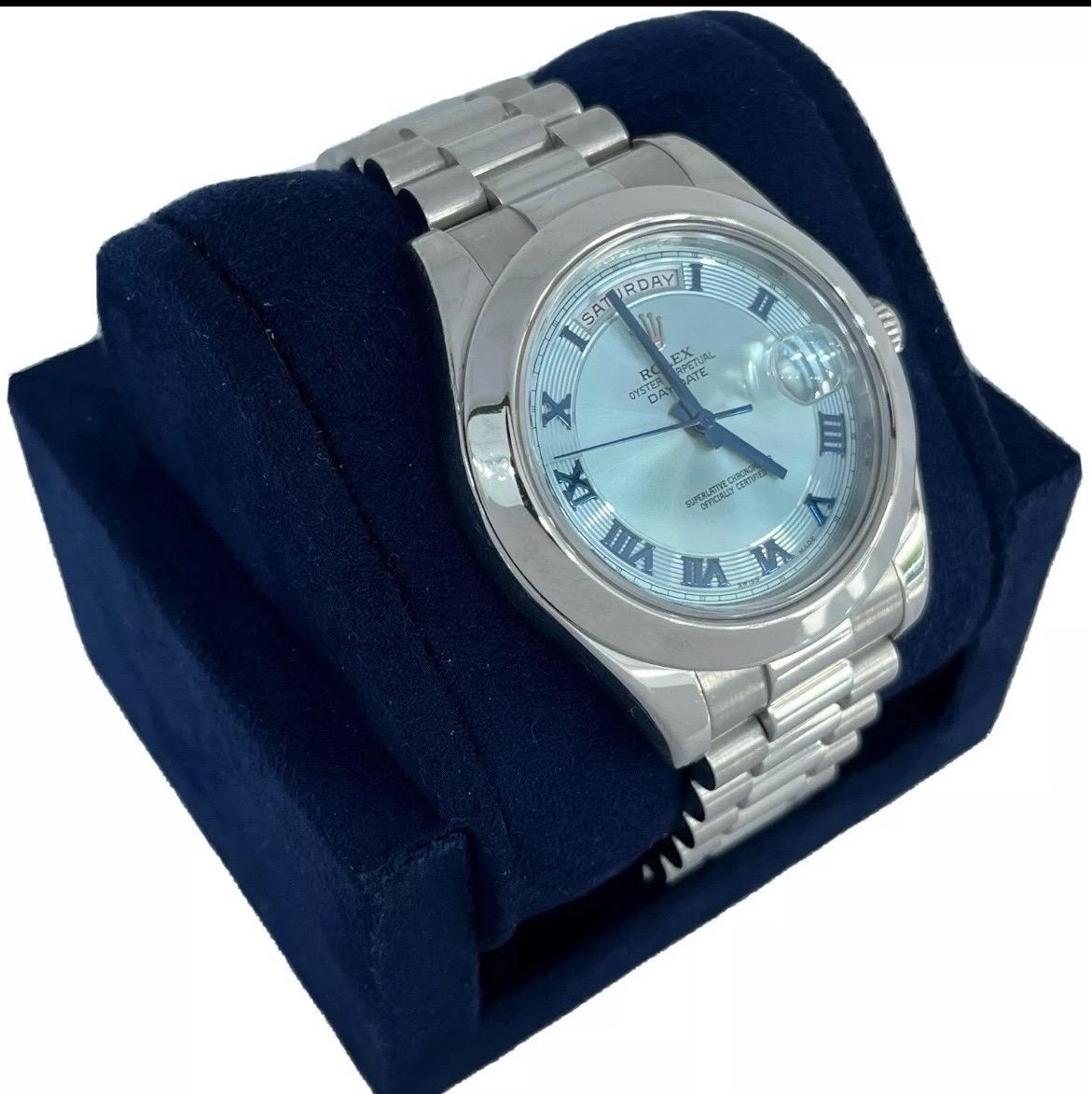 Rolex Day-Date II President Platinum Ice Blue Concentric 41mm Watch B/P V 218206 In Good Condition For Sale In Boca Raton, FL