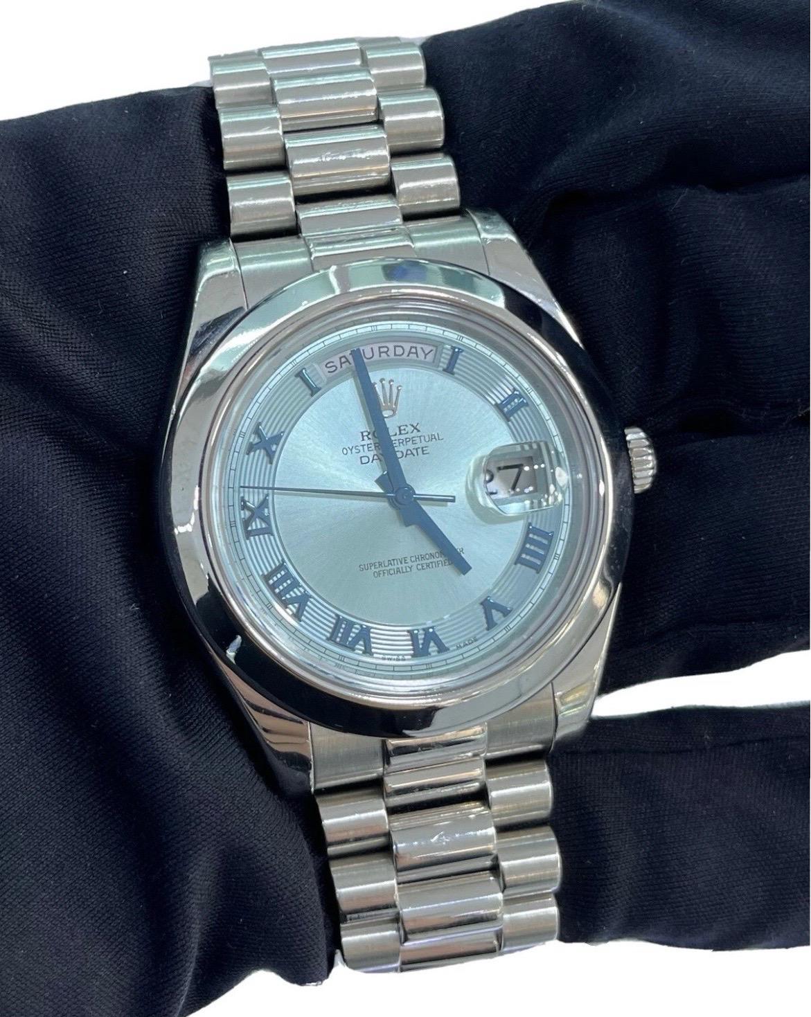 Rolex Day-Date II President Platinum Ice Blue Concentric 41mm Watch B/P V 218206 For Sale 4