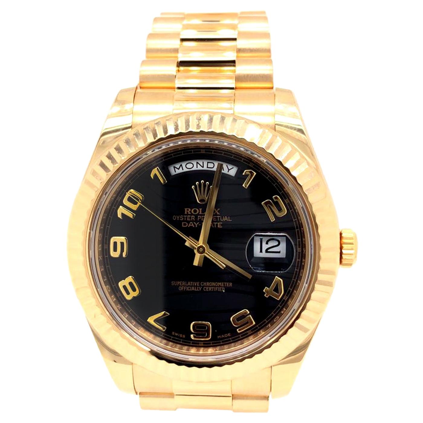 Rolex Day-Date II President Yellow Gold Black Wave Dial Face Watch 218238