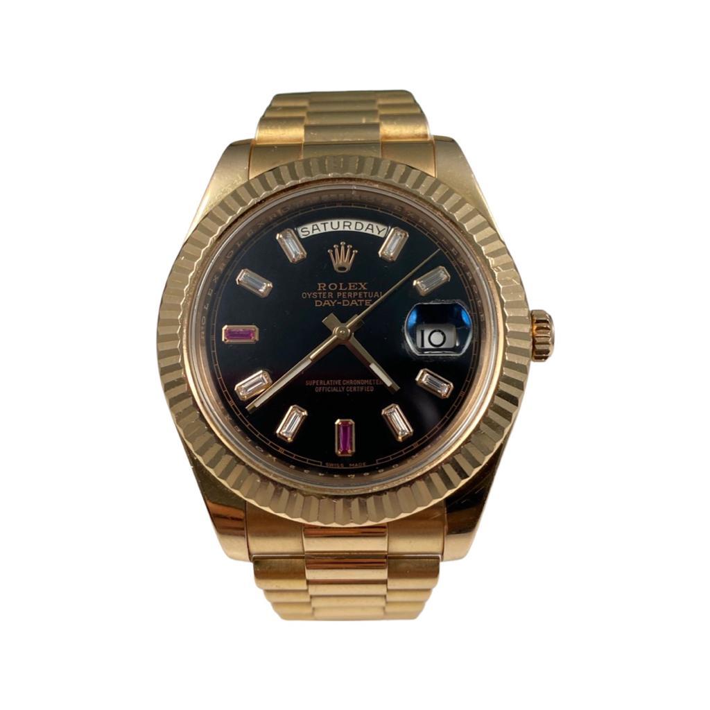 Rolex Day-Date II Ref. 218235 Black Dial Rose Gold Diamonds & Rubies