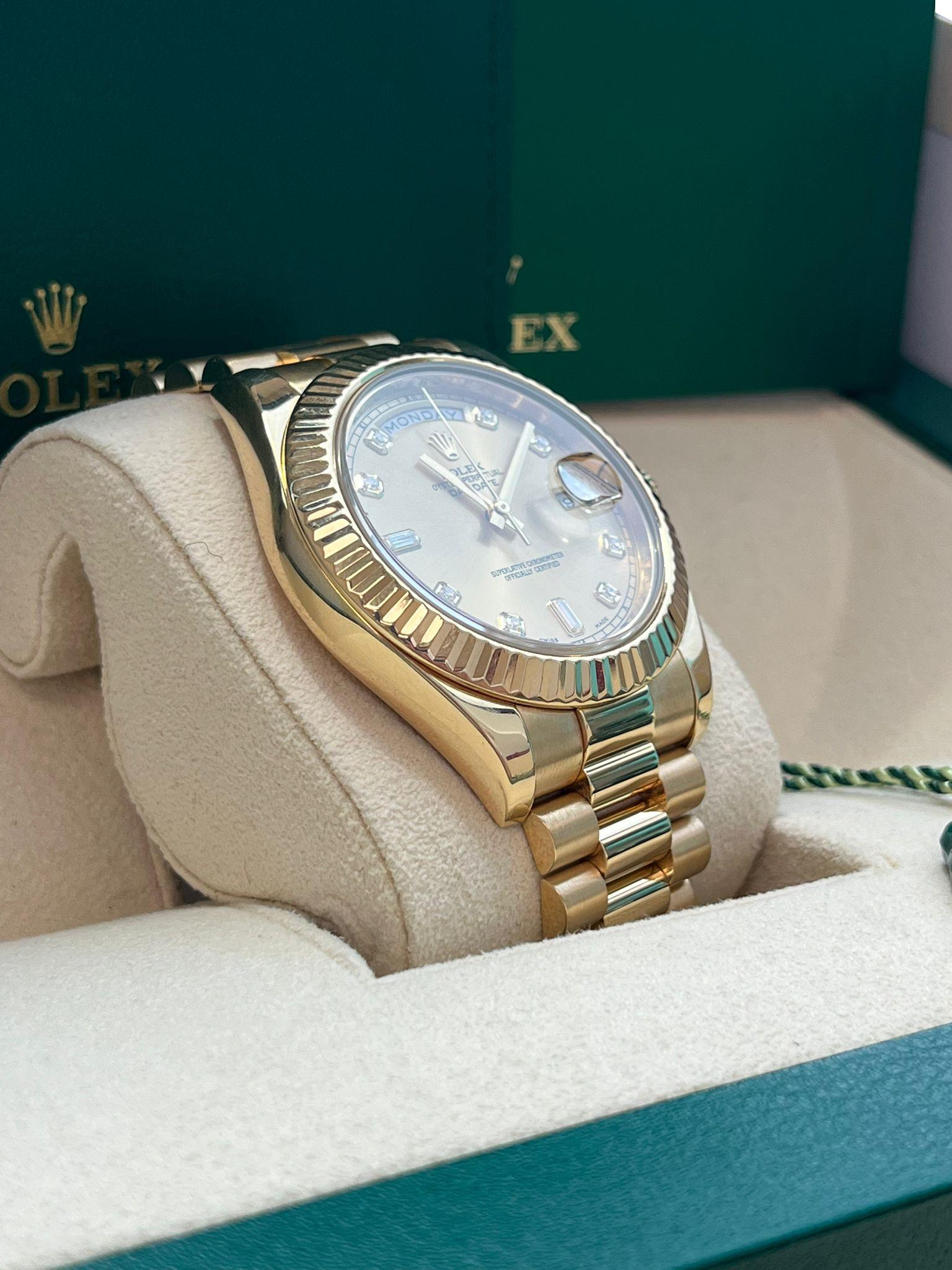 Rolex Day-Date II Yellow Gold Fluted Bezel Champagne Diamond Dial Watch 218238 For Sale 4