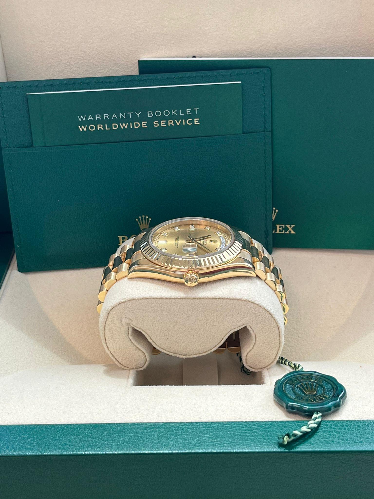 Rolex Day-Date II Yellow Gold Fluted Bezel Champagne Diamond Dial Watch 218238 For Sale 5